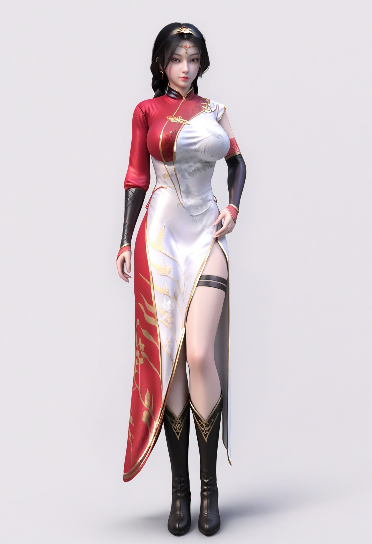 score_9,<lora:SF_HaoTianShiYue_Pony_Realism2.3-000004:0.7>,hair ornament,black hair,dress,asymmetrical sleeves,1girl,breasts,large breasts,china dress,red dress,white dress,solo,looking at viewer,white background,simple background,full body,black boots,