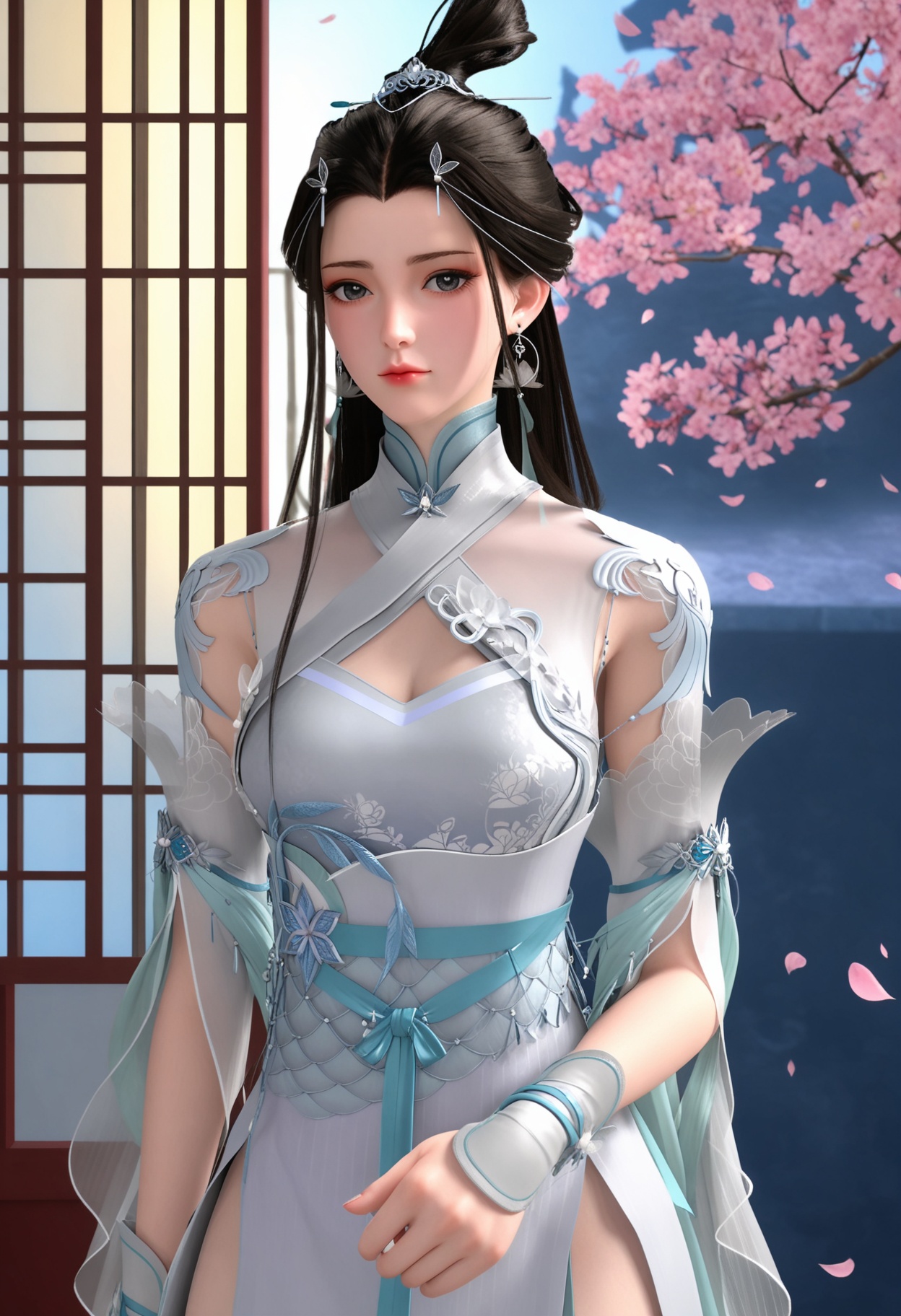 (upper_body:1.2),(looking at viewer:1.1),masterpiece,(best quality),smog,Dark room,dim lighting,peach blossom,falling petals,<lora:YQ_Illustrious光辉v5_萧轻雪_V1:0.8>,q1528437228,solo,1girl,long hair,dress,black hair,jewelry,white dress,earrings,hair ornament,chinese clothes,hair bun,forehead mark,sash,brown hair,thighhighs,single hair bun,china dress,white thighhighs,long sleeves,detached sleeves,side slit,gloves,hair rings,