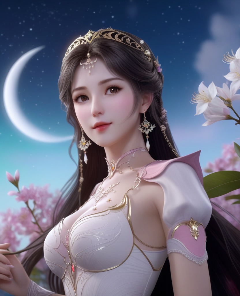 <lora:595-DA-XL-斗罗大陆-小舞-神界服装:0.8>(,1girl, ,best quality, ),looking at viewer,  ,,ultra detailed background,ultra detailed background,ultra realistic 8k cg, ,masterpiece, (( , )),, realistic,science fiction,mole, ultra realistic 8k cg, ,     ,crescent moon, jasmine \(flower\),     (cleavage), (), 