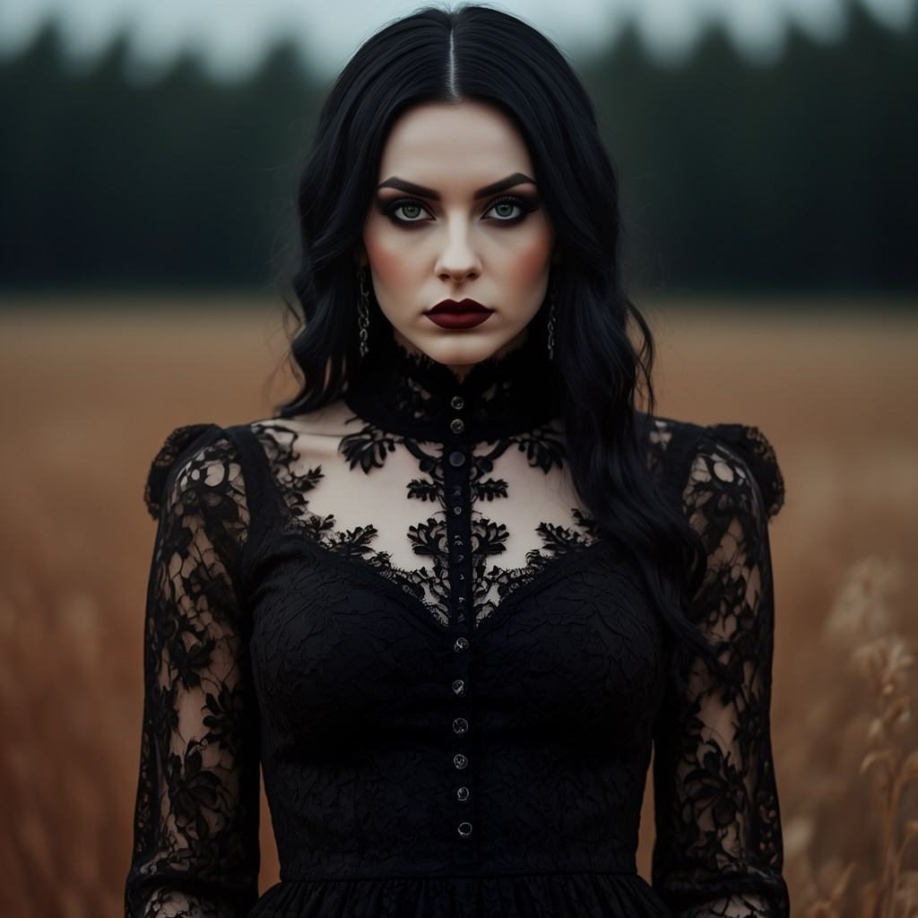 Photograph of a pale-skinned,  dark-haired woman with striking green eyes,  wearing a black lace dress with long sleeves a...