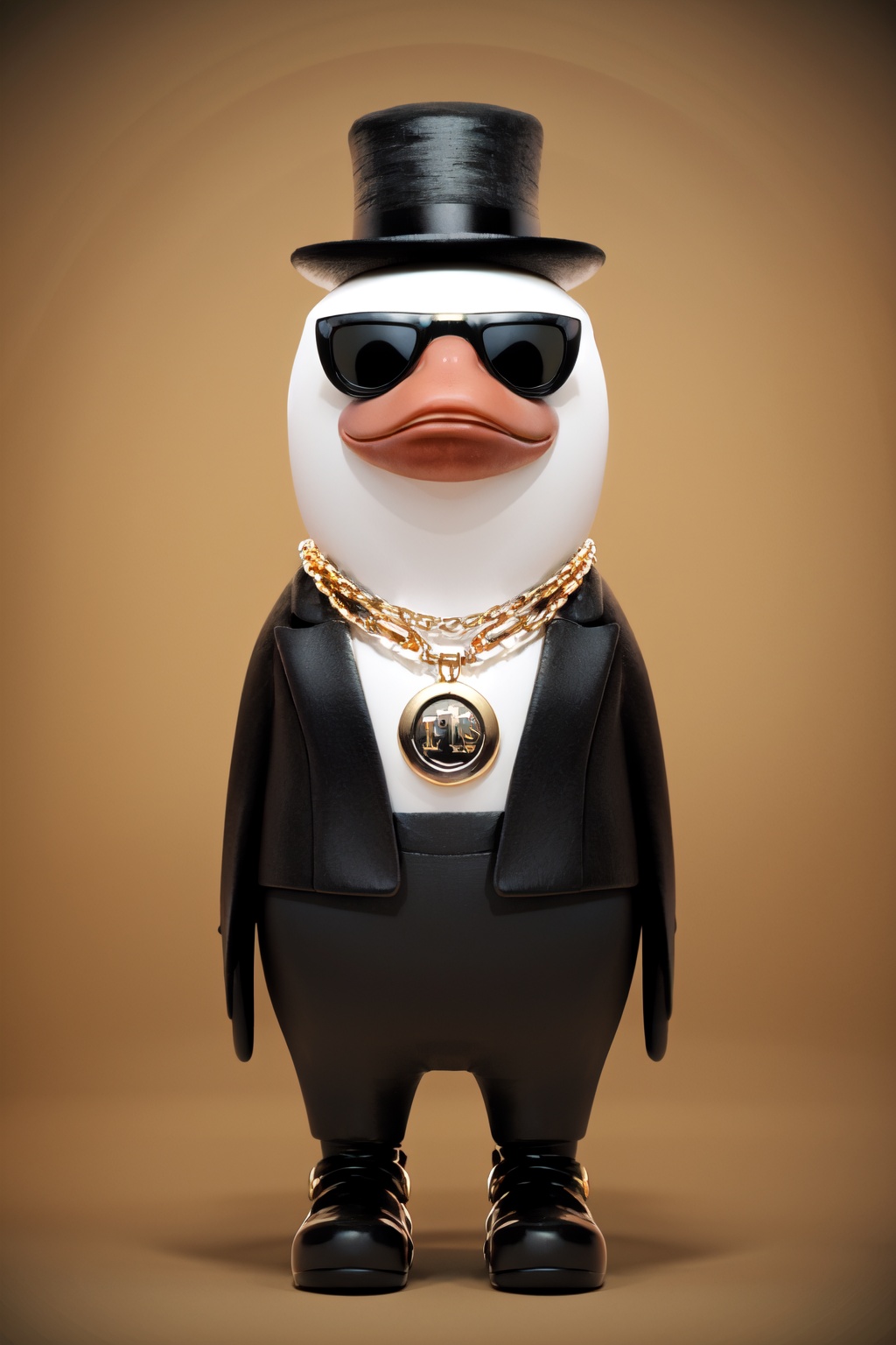 Best quality,masterpiece,ultra high res,yuan_3D_character,hat,sunglasses,solo,no humans,goose,anthro,chain,necklace,top hat,standing,jewelry,full body,simple background,lips,chain necklace,<lora:3D_character_v1.0:0.8>,