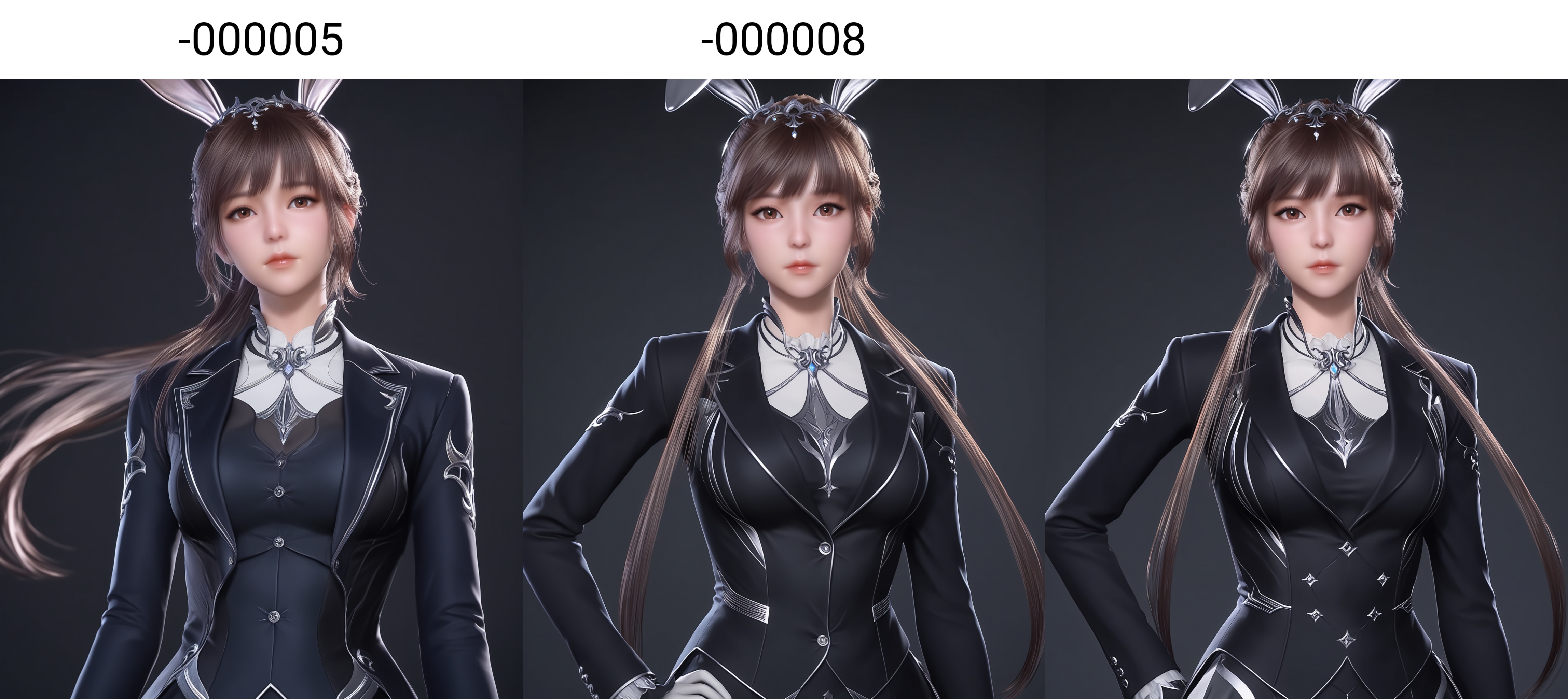masterpiece,best quality,absurdres,highres,BREAK(glamor:1.1),slender,1girl,solo,<lora:小舞-ill-000005:0.8>,long hair,brown hair,hair ornament,ponytail,bunny ears,brown eyes,braid,suit,white_shirt,blazer,skirt,skirt_suit,looking at viewer,front view,light blush,upper body,BREAKsimple background,black background,depth of field,