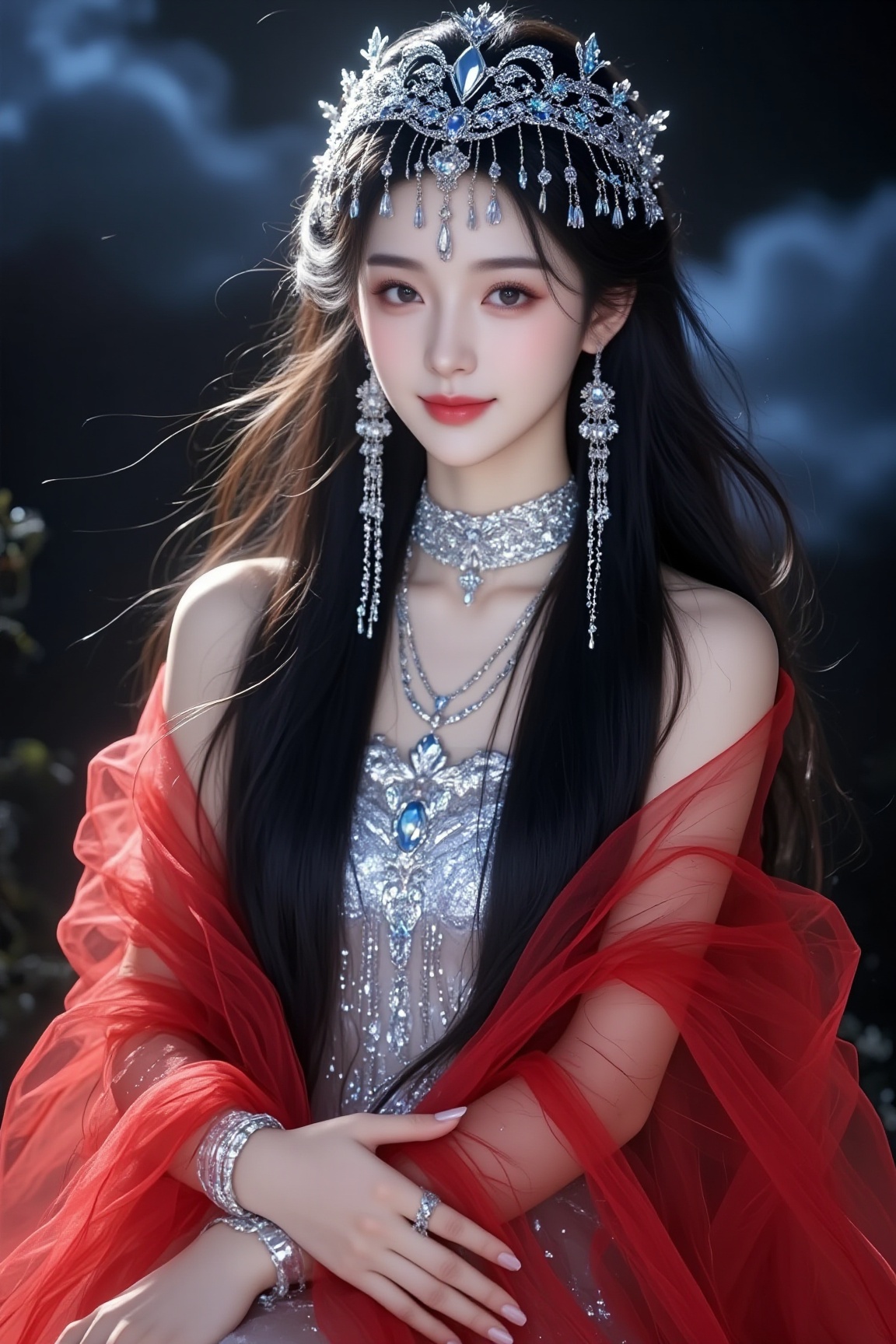 <lora:YY-拽姐F.1:1>, a young Asian woman with a serene, ethereal appearance. She stands in a mystical, otherworldly forest setting with a dark, cloudy sky as the backdrop. The woman has a fair complexion and delicate features, with large, expressive eyes, high cheekbones, and a gentle smile. Her long, flowing black hair is adorned with an intricately designed, shimmering silver crown, adorned with delicate, sparkling jewels that catch the light, giving it a celestial quality. She wears a sheer, flowing red fabric that drapes elegantly over her shoulders, adding a touch of warmth to her otherwise cool-toned attire. Her dress is a silver, gossamer-like material, with intricate patterns and a hint of iridescence, reflecting the soft, ambient light. The woman's pose is demure, with her hands gently clasped in front of her, adding to the sense of grace and serenity. The overall composition is rich in detail, with a blend of realism and fantasy, emphasizing the ethereal beauty and otherworldly aura of the subject.