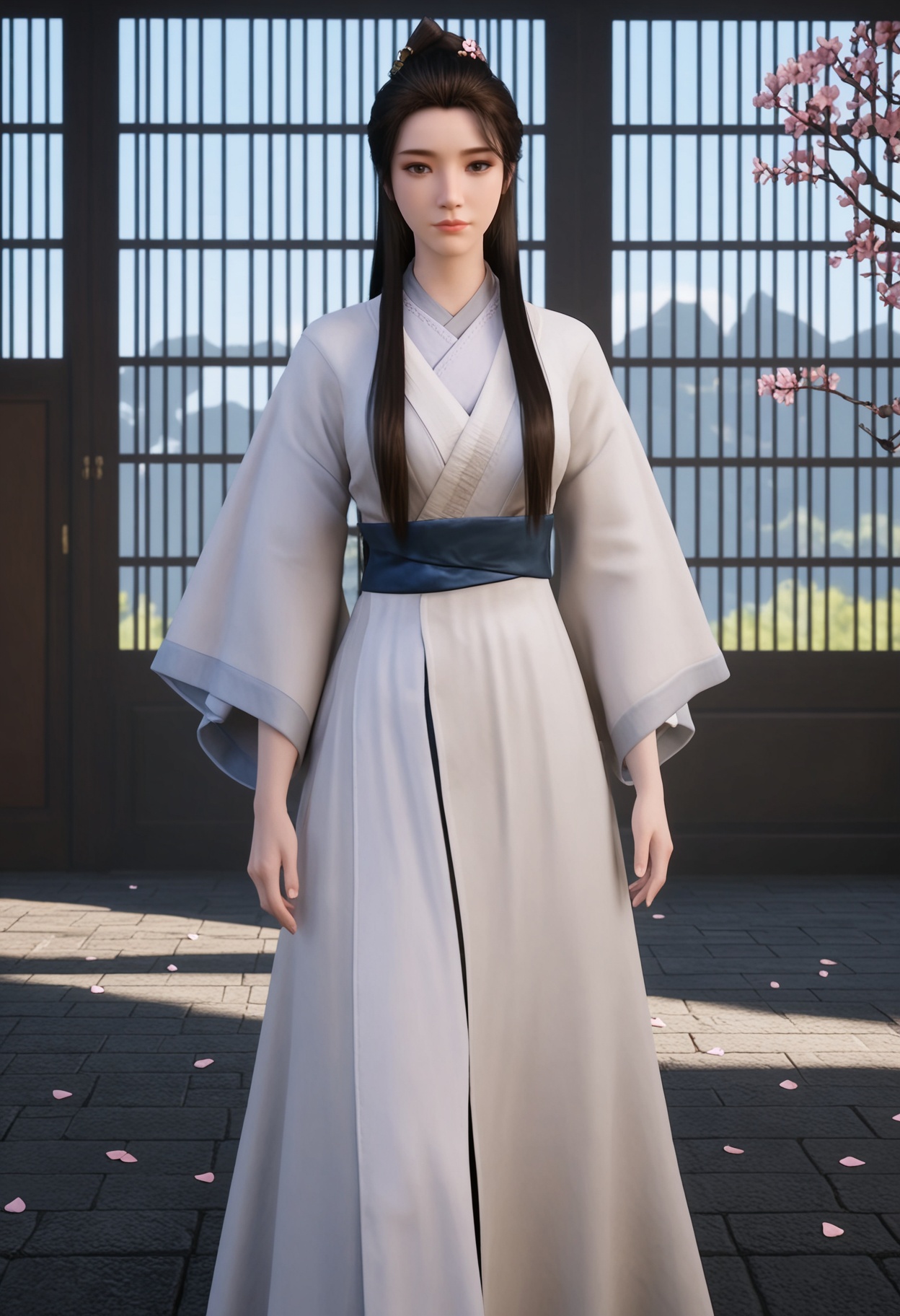 (full_body:1.1),(looking at viewer:1.1),masterpiece,(best quality),smog,Dark room,dim lighting,peach blossom,falling petals,<lora:YQ_Illustrious光辉v5_辛如音_V1:0.8>,q1528437228,1girl,solo,long hair,chinese clothes,hanfu,white dress,black hair,brown hair,hair ornament,brown eyes,sash,hair bun,hair flower,black eyes,braid,ponytail,forehead,jewelry,