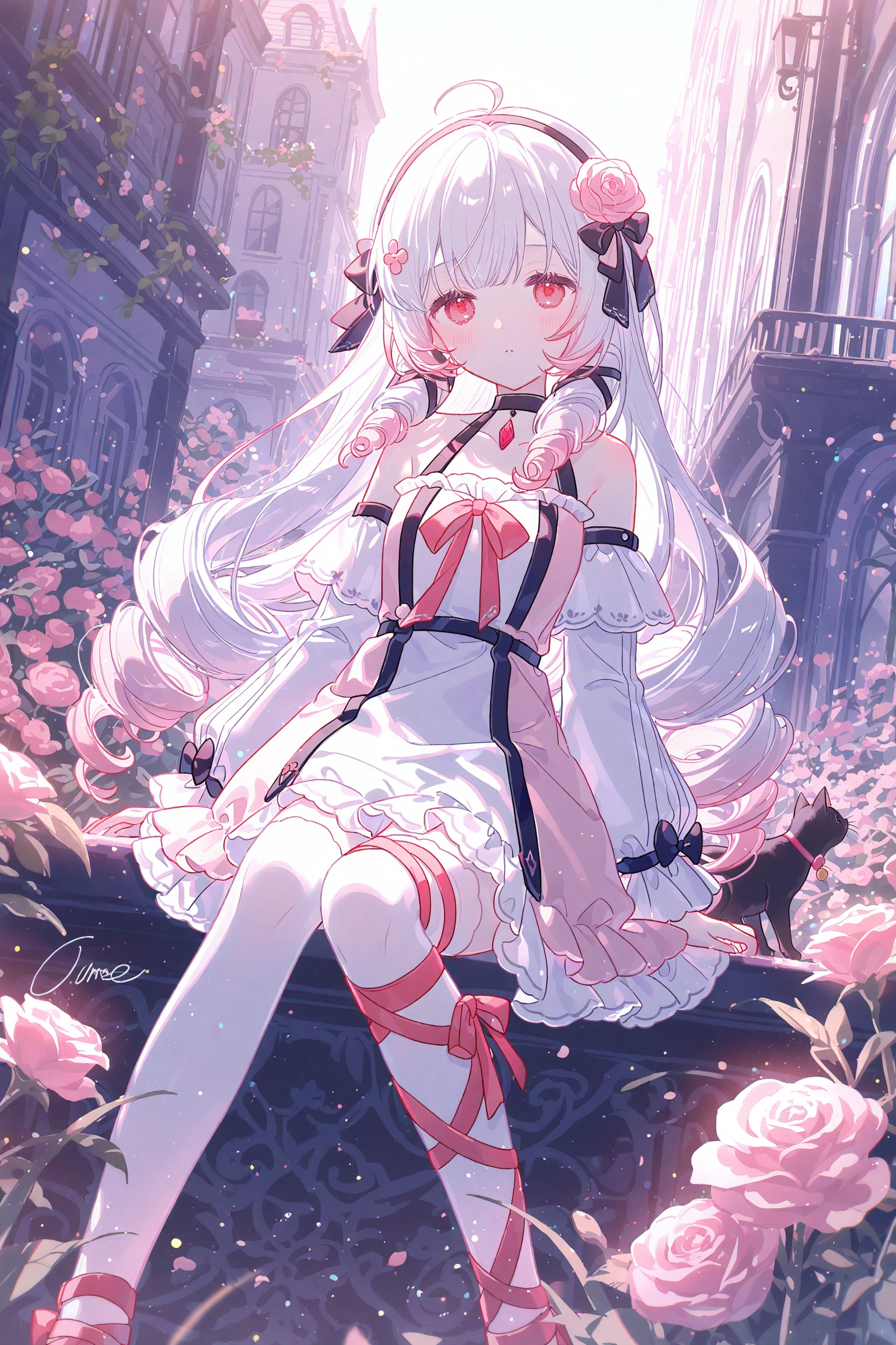 bangs,hair ornament,(artist:umehara),dress,bow,ribbon,flower,hair bow,grey hair,hair flower,rose,drill hair,pink flower,//1girl,solo,long hair,looking at viewer,bangs,red eyes,thighhighs,long sleeves,dress,ribbon,bare shoulders,sitting,ahoge,white hair,multicolored hair,hairband,outdoors,detached sleeves,choker,signature,white dress,white thighhighs,cat,building,scenery,leg ribbon,