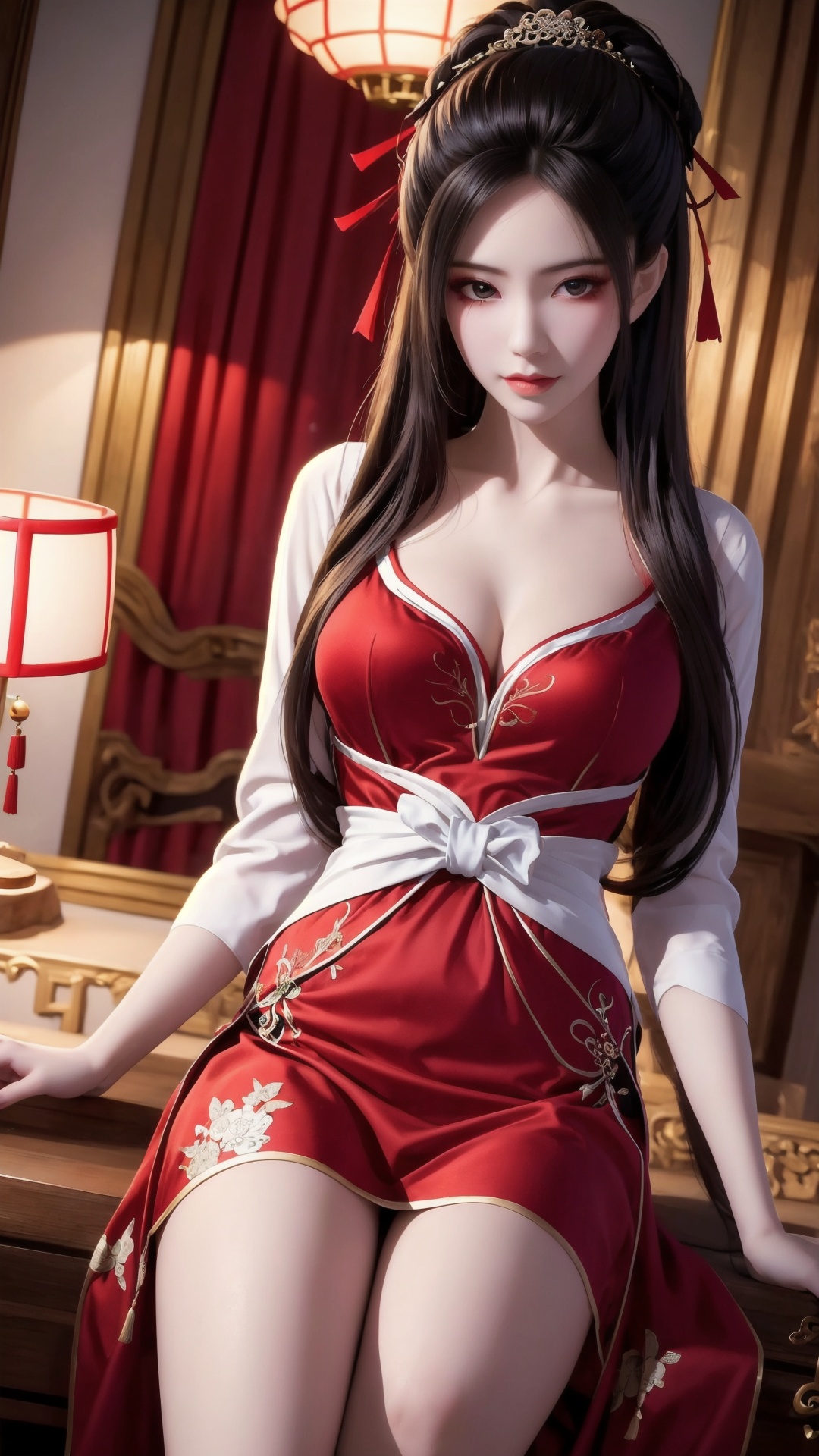 The image is a digital illustration of a young woman sitting on a throne. She is wearing a red and black outfit with intricate designs and patterns. The outfit has a high neckline and long sleeves, and the skirt is fitted at the waist. The woman has long black hair styled in a high ponytail with red ribbons tied in a bow at the top. She has a serious expression on her face and is looking directly at the camera.The background of the image is blurred, but it appears to be a room with a chandelier and a mirror on the wall. There is also a lamp on the right side of the room, and a red curtain on the left side. The overall style of the illustration is traditional Chinese and elegant.,<lora:1.5焰灵姬(4):0.8>,