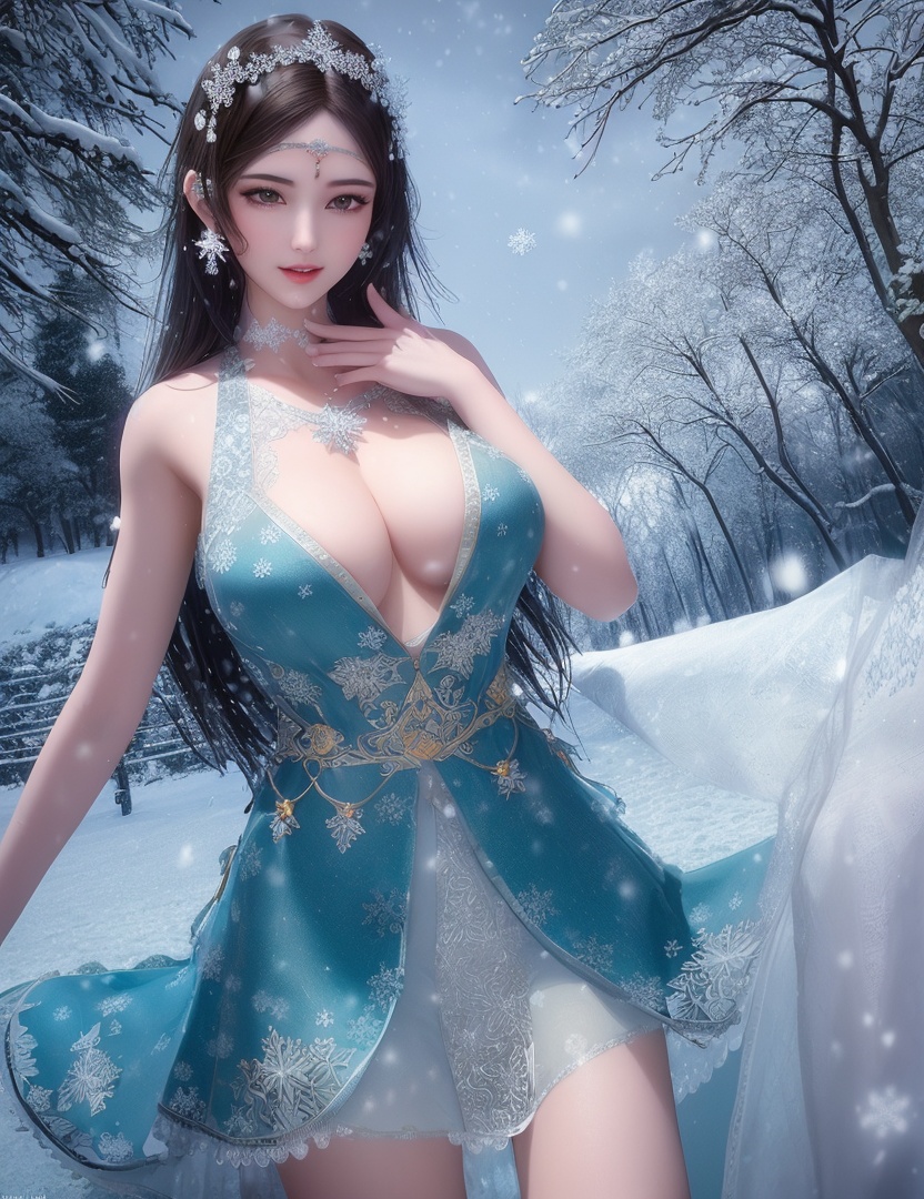 ultra realistic 8k cg, flawless, clean, masterpiece, professional artwork, famous artwork, cinematic lighting, cinematic bloom, perfect face, beautiful face, fantasy, dreamlike, unreal, science fiction,   lace, lace trim, lace-trimmed legwear, luxury, jewelry, diamond, gold, pearl, gem, sapphire, ruby, emerald, intricate detail, delicate pattern, charming, alluring, seductive, erotic, enchanting, hair ornament, necklace, earrings, bracelet, armlet,halo,autumn,((,1girl, pov,best quality, ))  , ((((1girl, solo,outdoors, large breasts,,snowflakes,  snow, snowing,   ))))    <lora:DA_BaiCai:0.7>
