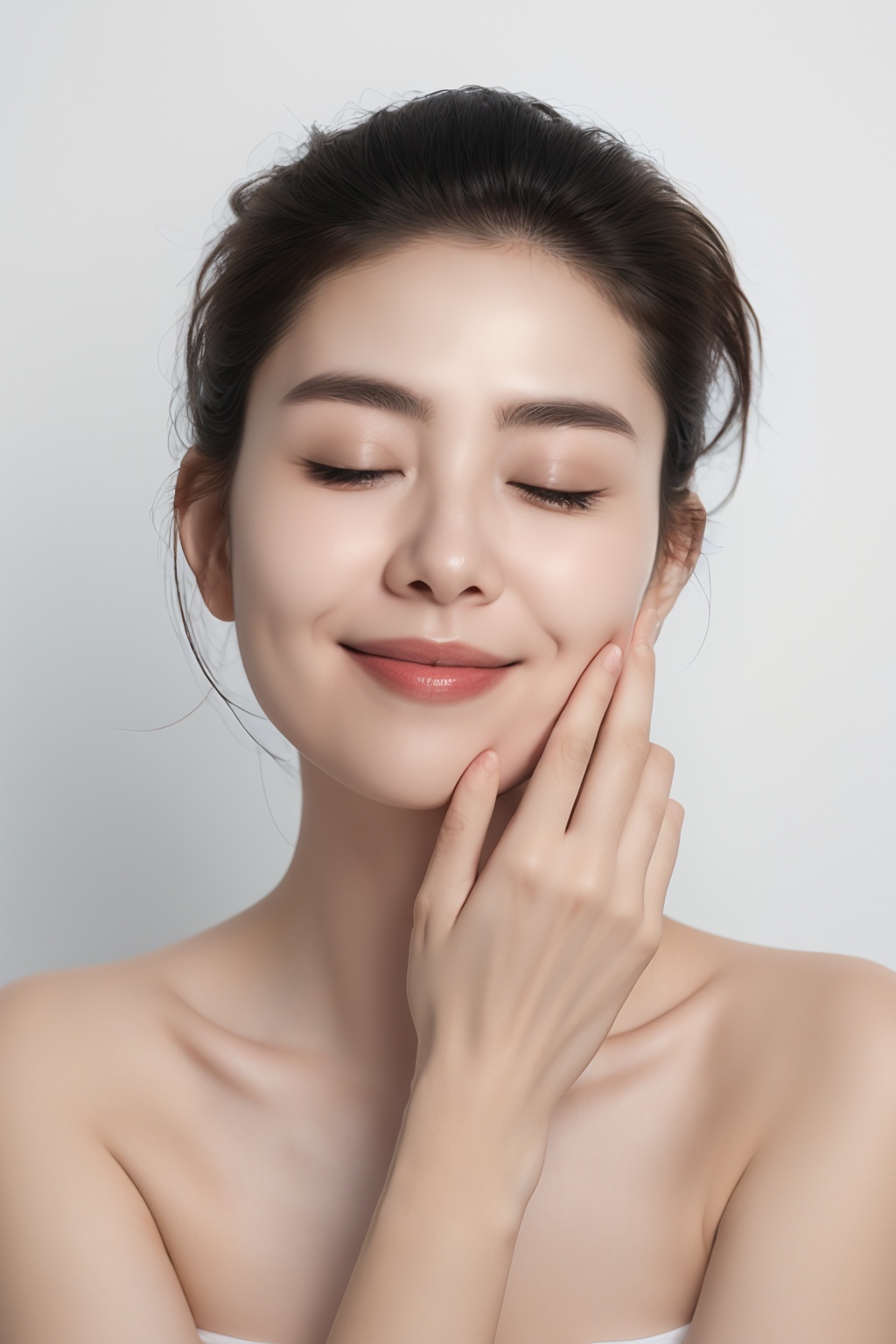 1girl, solo, smile, Disk hair, black hair, Portrait, bare shoulders, Front, Smile, closed mouth, realistic, white background, <lora:yiling_护肤美妆摄影:0.7>