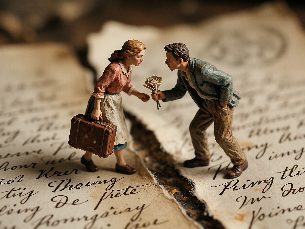 An emotionally evocative macro photograph of two tiny hand-painted human figurines standing on opposite sides of a narrow...