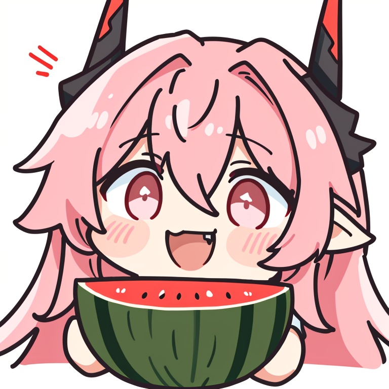 ((HRD, HUD, 8K)),((masterpiece, best quality)), highly detailed, soft light,EmojiPack, 1girl, solo, food, pink hair, fruit, horns, fang, watermelon, white background, pointy ears, simple background, chibi, long hair, pink eyes, open mouth, smile, :d, notice lines, holding, skin fang, looking at viewer, hair between eyes, holding food, bangs, blush stickers, <lora:20240527-1716802627504:0.8>