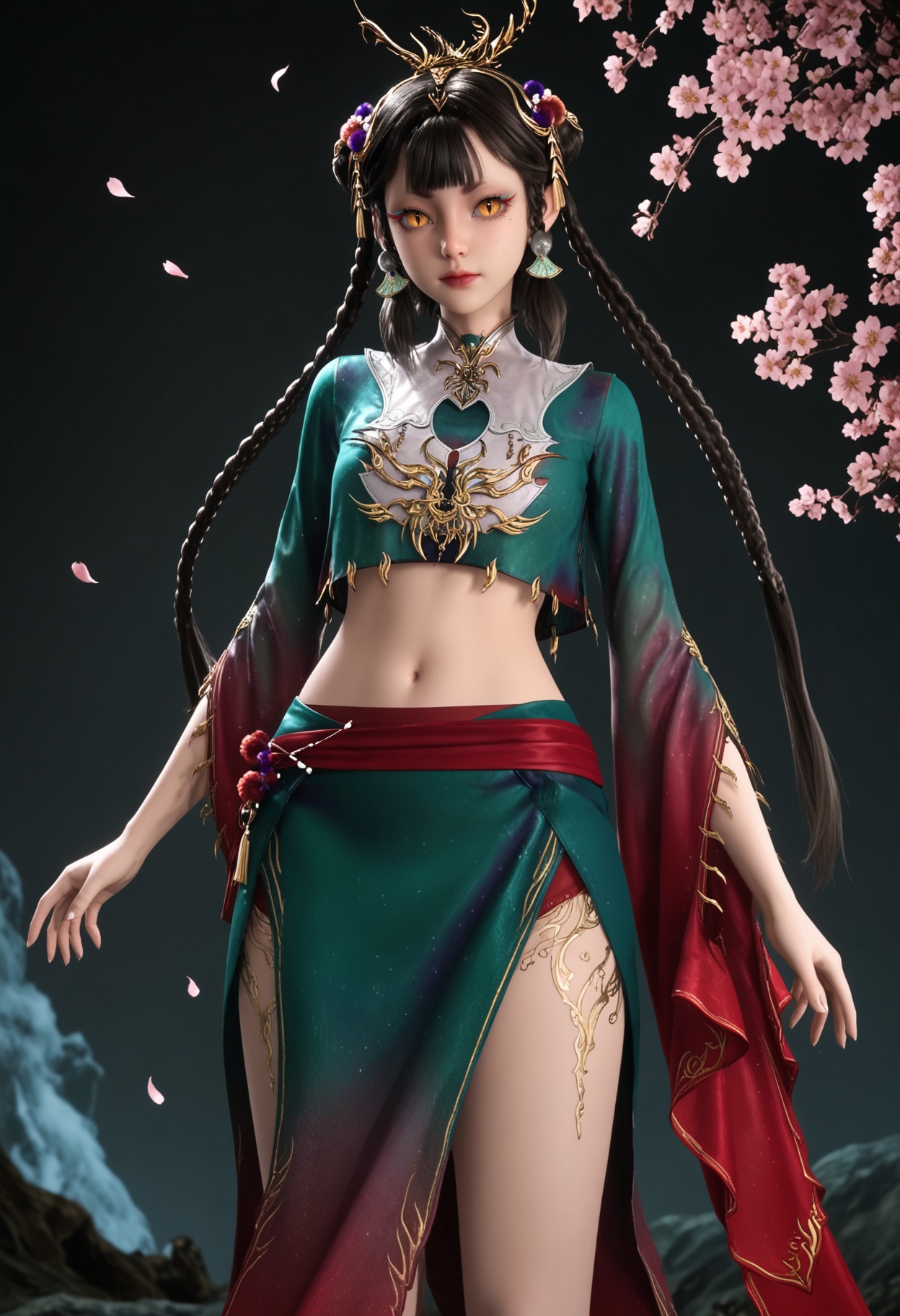 (cowboy shot:1.2),looking at viewer:1.1,masterpiece,(best quality),smog,Dark room,dim lighting,peach blossom,falling petals,<lora:YQ_Illustrious光辉v5_仙清儿_V1:0.8>,q1528437228,1girl,solo,hair ornament,black hair,braid,long hair,jewelry,makeup,earrings,chinese clothes,eyeshadow,mole under eye,brown hair,crop top,dress,yellow eyes,skirt,brown eyes,hair bun,hair rings,twin braids,multiple braids,double bun,green dress,blunt bangs,hair flower,long sleeves,red footwear,slit pupils,