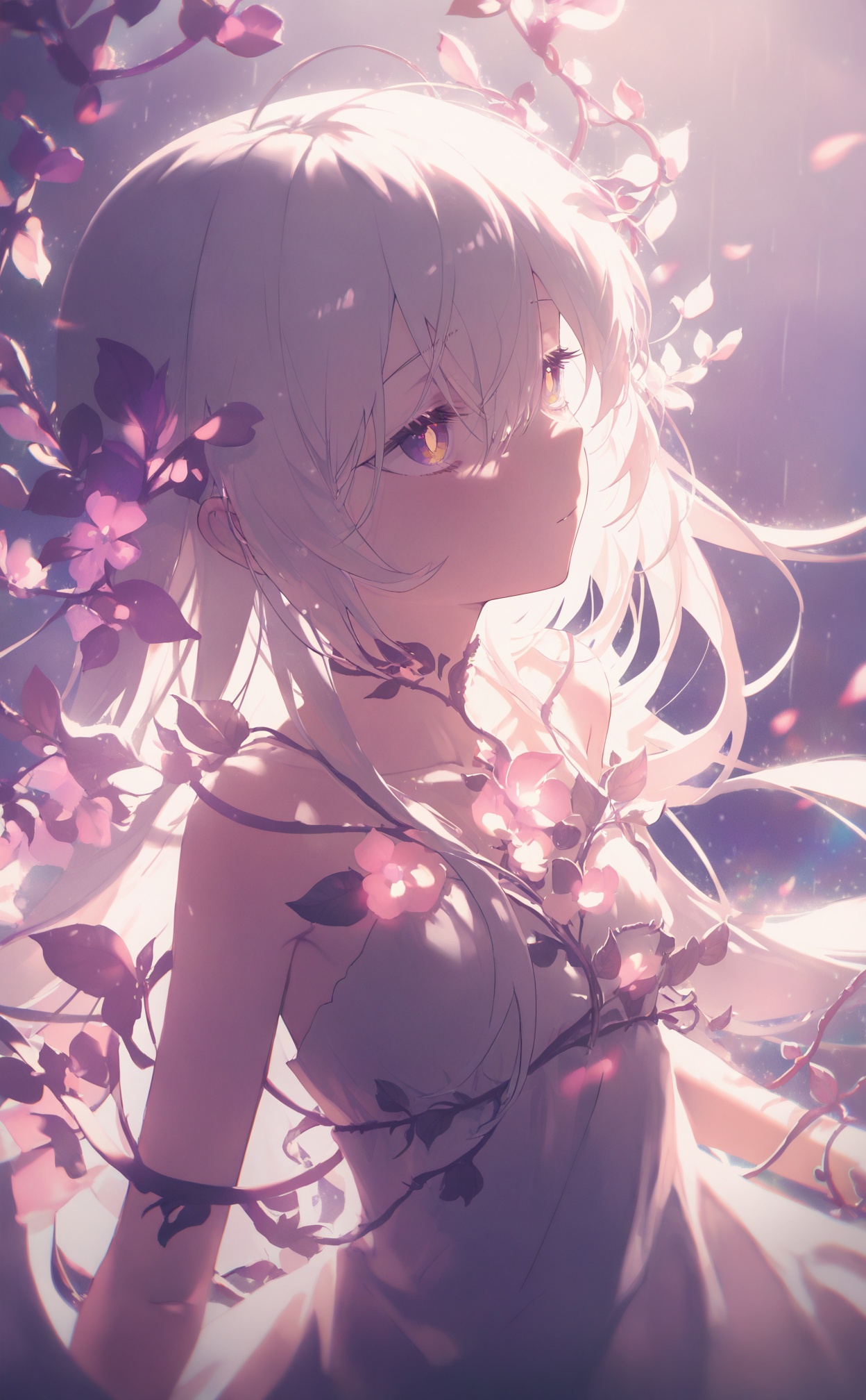 masterpiece,very aware,highres,absurdres,newest,best quality,loli,petite,high quality,chromatic_aberration,//,illustration,ultra detailed,hdr,Depth of field,(colorful),loli,white background,Dundar effect,a lot of purple vines,vines covering half of the painting,delicate plant details,a girl,girl,petite girl,long white hair,golden pupils,white dress,bare feet,side,side,upper body,head up,sad eyes,rain,light,figure light,petals,purple filter,left,fog,dream,unreal,Blur,float light,//,<lora:konya_karasue——【noob】hans:0.8>,