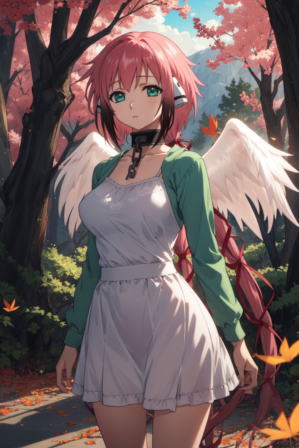 <lora:Ikaros-000009:0.8>,ikaros cyql,1girl,looking at viewer,solo,pink hair,long hair,very long hair,twintails,robot ears,hair ribbon,green eyes,collar,metal collar,chain,wings,angel wings,large breasts,Romantic tiered lace and tulle gown,blush,cowboy_shot,In fall, maple trees in the valley don fiery red coats, painting the hillsides in vivid hues. Fallen leaves carpet paths in shades of gold,(Bamboo shoots, Bamboo grove, Lantern-lit path, Evening stroll, Zen tranquility, Bamboo shadows:0.5),beautiful detailed sky,beautiful detailed glow,posing in front of a colorful and dynamic background,masterpiece,best quality,beautiful and aesthetic,contrapposto,female focus,wallpaper,