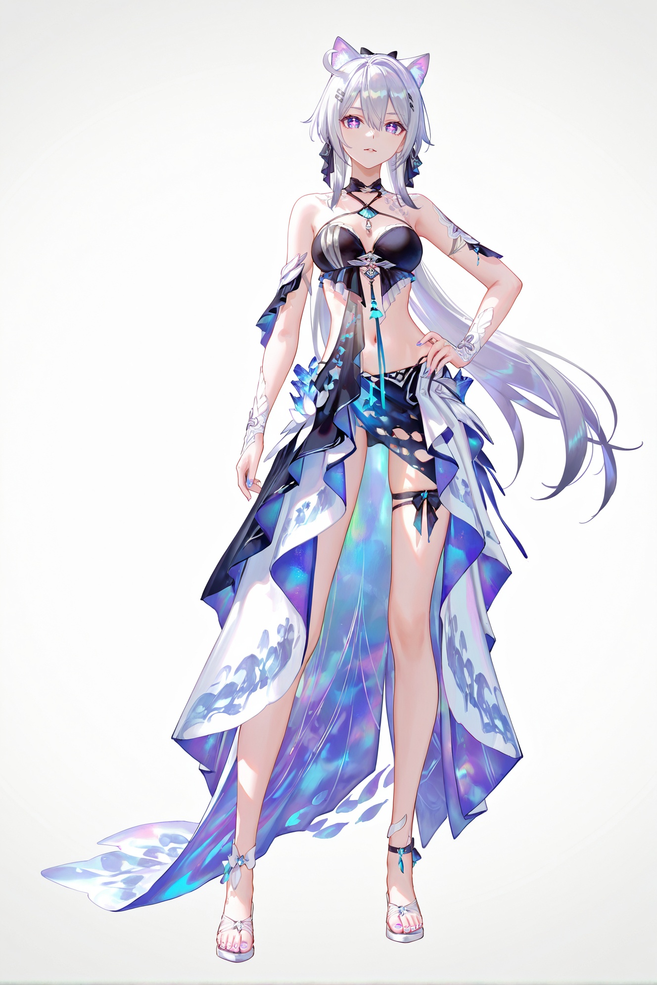 8k,best quality,masterpiece,(ultra-detailed),((artist:reoen),(artist:fuzichoco),(artist:atdan),(artist:torino_aqua),year 2024:0.8)1girl,[artist:wlop],[artist:ningen_mame],artist:ciloranko,[[artist:rhasta]],artist:tidsean,colorful,full body,full shot,standing,looking at viewer,(solo:1.2),simple background,(white background:1.2),hand on own hip,(white background:1.1),<lora:zhongyannew-ill-Tanger-000013:0.9>,kiana swzy,2nd clothes,clothes: swzy Long-skirted swimwear with black bra,purple cross-shaped pupils,long skirt,1girl,animal ears,long hair,