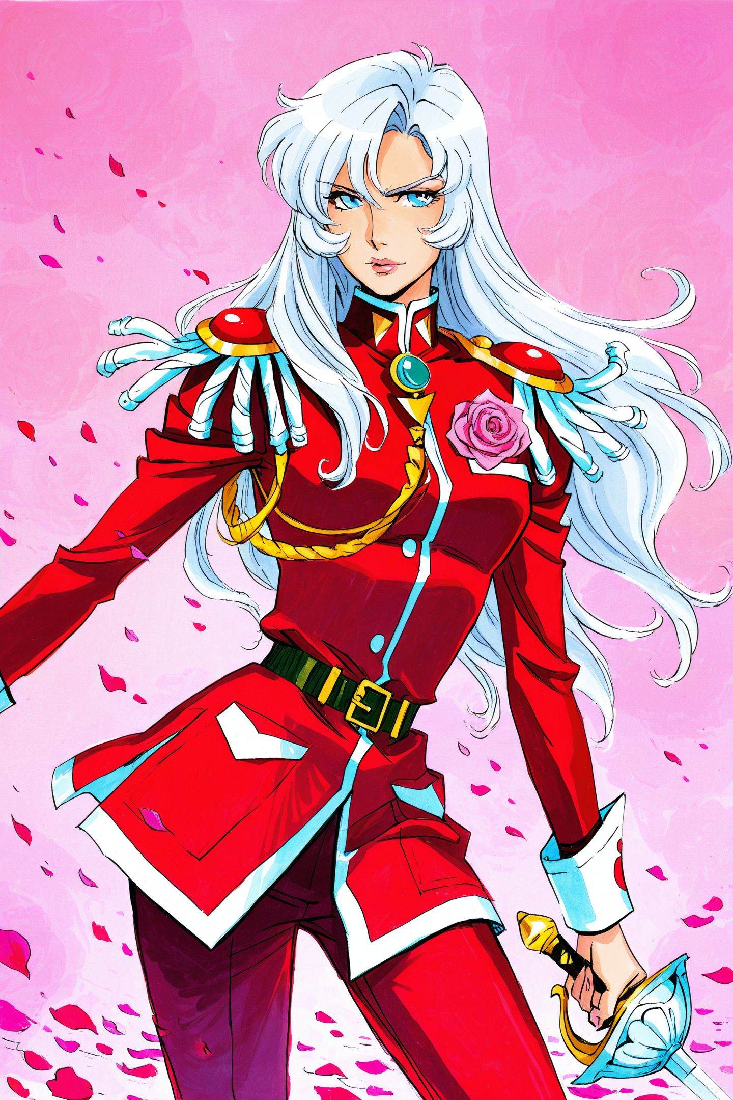 ami thompson Style,tenjou utena,weapon,sword,solo,long hair,blue eyes,epaulettes,rose,petals,flower,blonde hair,red uniform,1girl,rapier,holding,military uniform,pink rose,holding weapon,military,white hair,aiguillette,holding sword,lips,belt,traditional media,<lora:ami thompson_illustriousXL:1>,