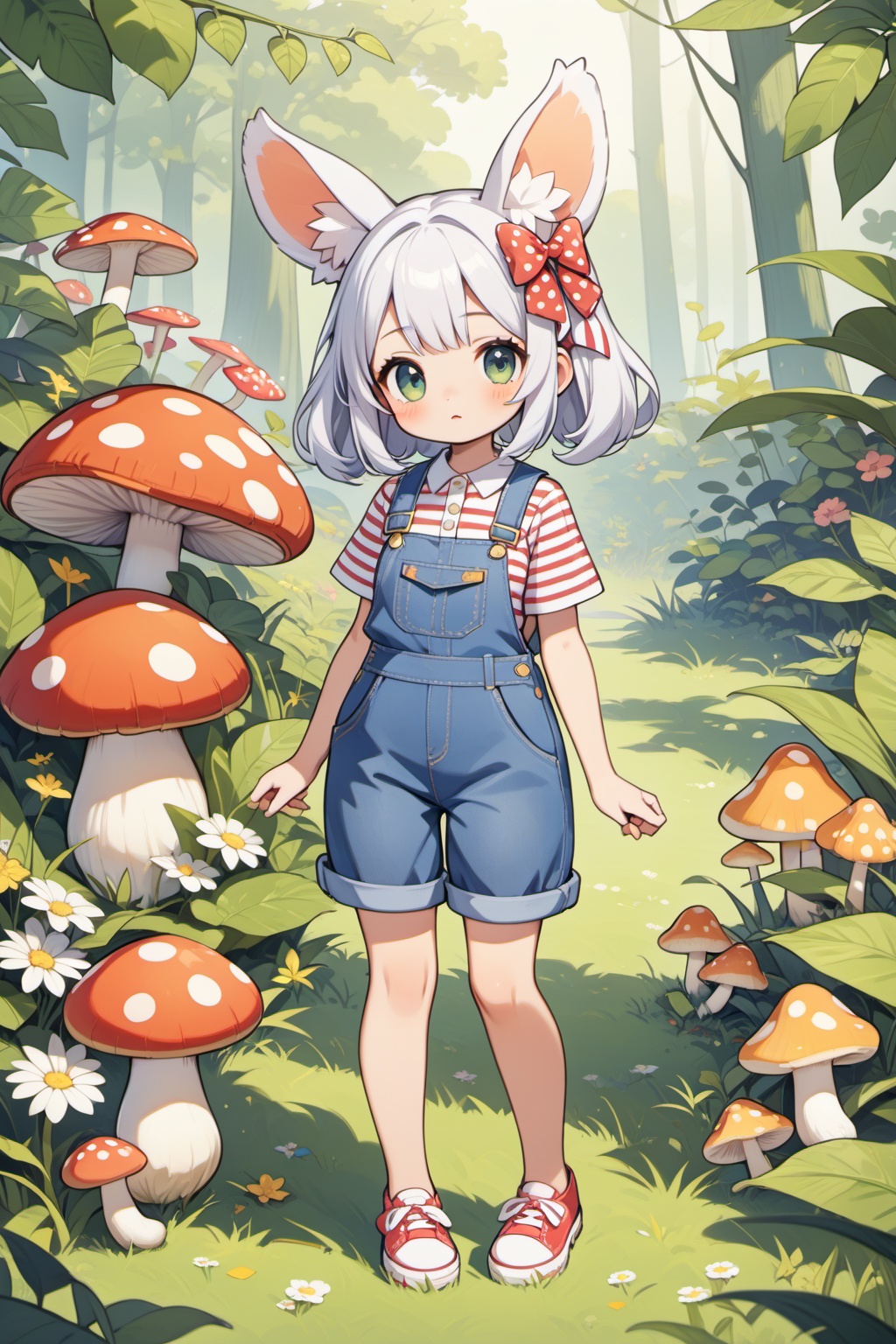 1girl, polka dot, bow, solo, shirt, overalls, mushroom, leaf, standing, grass, shoes, hair bow, looking at viewer, flower, short sleeves, plant, full body, white shirt, striped, striped shirt, animal ears, masterpiece,best quality,very aesthetic,absurdres,