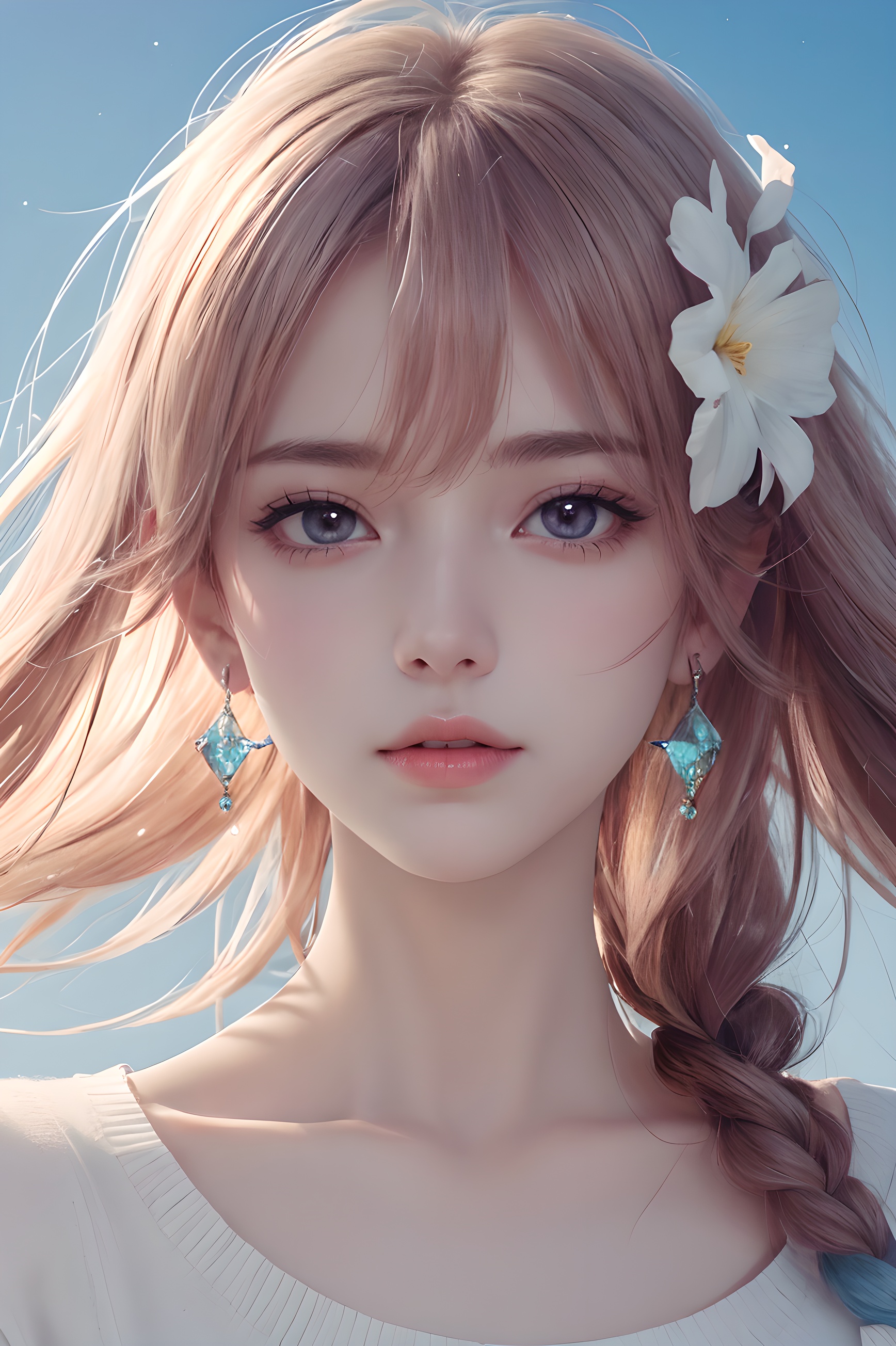 1girl, flower, hair_flower, hair_ornament, earrings, solo, jewelry, hatsune_miku, white_flower, closed_mouth, looking_at_viewer,illustrator, anime , realistic ,sketch , ,lip, Sweater,order,Pink Purple gradient background, Neon hair,Textured crop, Canadian, (masterpiece,best quality),masterpiece,high quality,best quality),(colorful),(delicate eyes and face),volumatic light,ray tracing,extremely detailed CG unity 8k wallpaper,(ahoge:1.3),best quality,official art,(((light from the sky))),floating hair,light shines on hair,whultra-detailed,(((extremely detailed cg 8k wallpaper))),(crystalstexture skin:1.4),(extremely delicate and beautiful),(white skin),looking_at_viewer,kinghere fensejiaren,,realistic,
