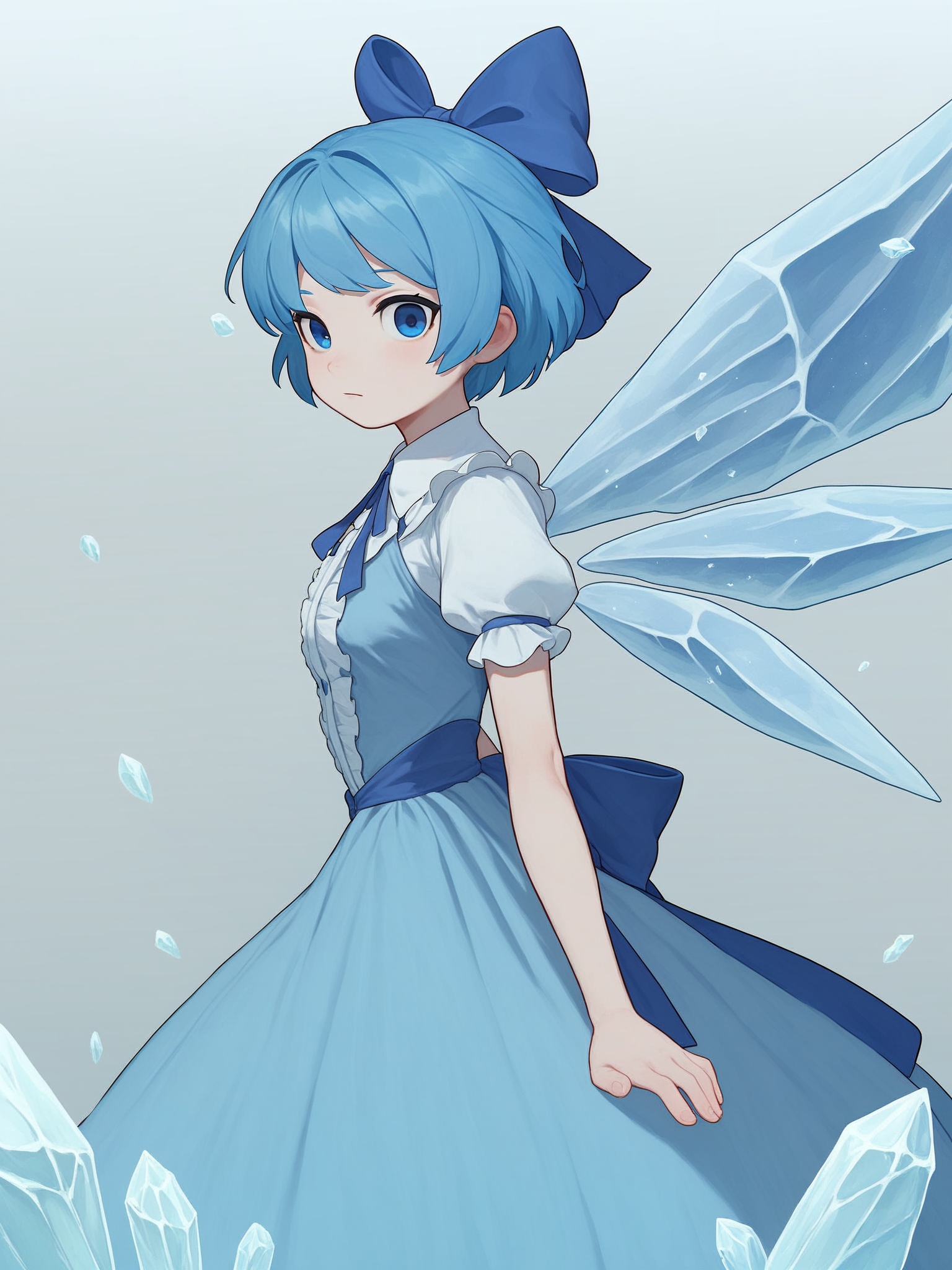 score_10,score_9,score_8_up,score_7_up,1girl,solo,cirno,blue hair,wings,dress,bow,blue eyes,blue dress,blue bow,short sleeves,hair bow,puffy sleeves,puffy short sleeves,short hair,ice,ice wings,looking at viewer,frills,gradient background,feet out of frame,from side,shirt,small breasts,white shirt,frilled dress,
