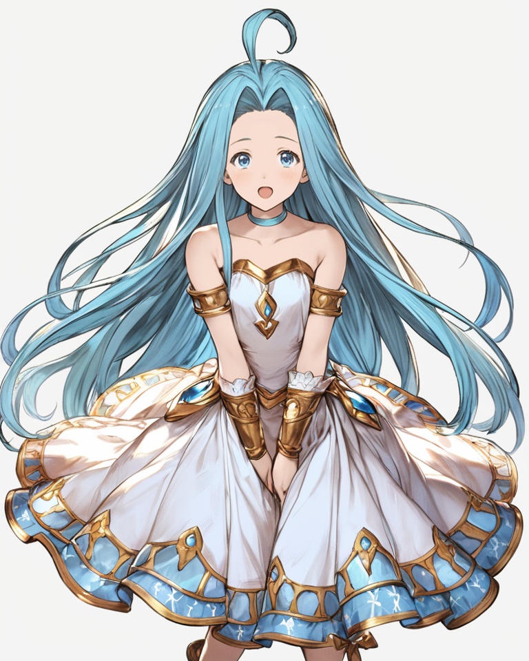 (best quality), ((masterpiece)), (highres), illustration, original, extremely detailed, <lora:JTのGame Character XL:0.7>1girl, lyria \(granblue fantasy\), long hair, solo, dress, blue eyes, white dress, blue hair, very long hair, choker, open mouth, looking at viewer, bare shoulders, ahoge, thighlet, transparent background, collarbone, armlet, bridal gauntlets, :o, white background, see-through, simple background
