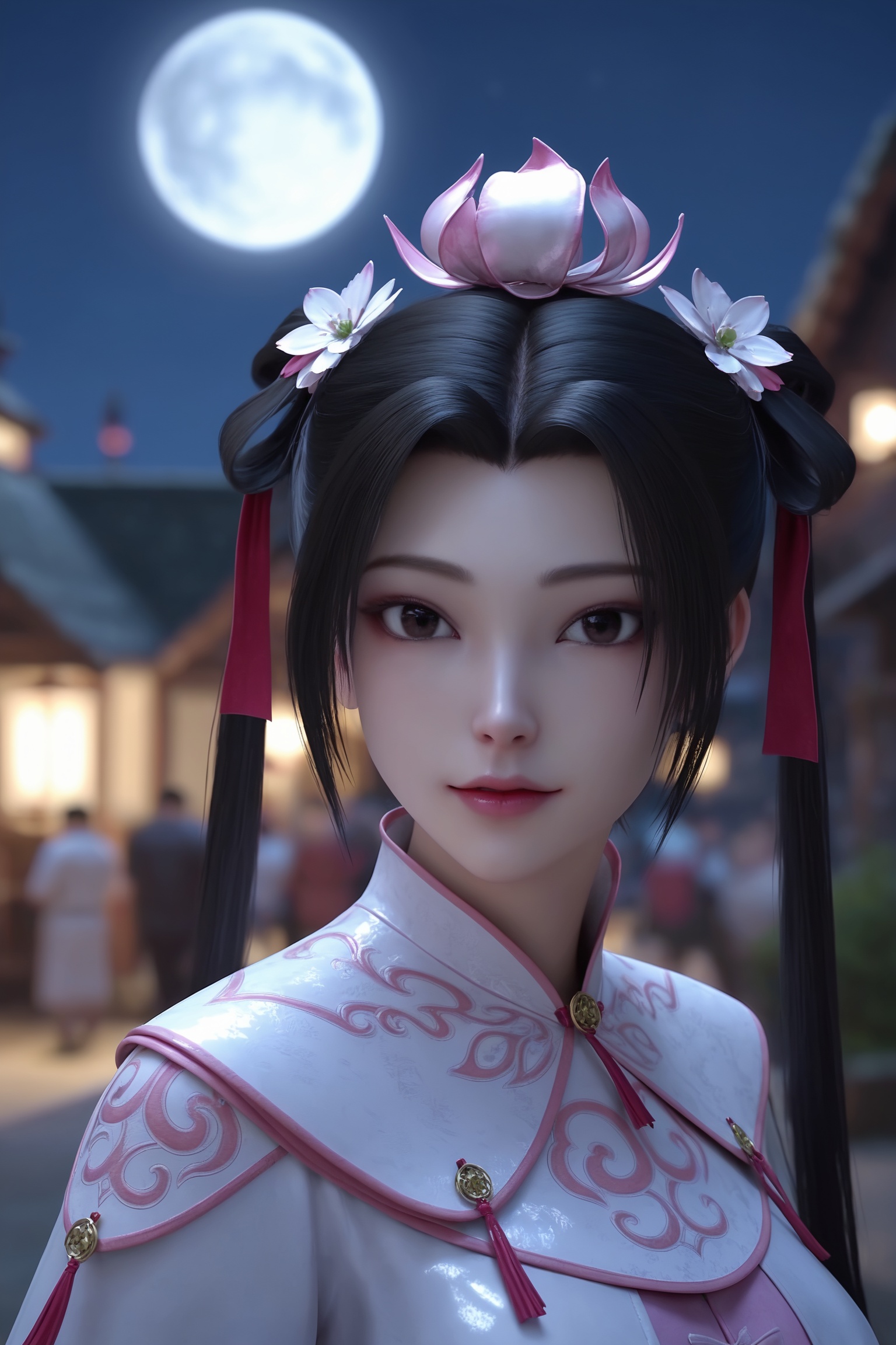 score_9,1girl,solo,shiny,shiny_hair,score_9,fair_skin,white_skin,shiny_skin,shiny,Ivory_skin,looking at viewer,cinematic lighting,volumetric lighting,solo focus,blurry background,depth of field,night,sky,night sky,full moon,(huge planetary background:1),moonlight,<lora:绝代双骄-天外有天-苏樱Pony:0.7>,dark,straight hair styled in a high ponytail with two decorative white flower hairpins.a form-fitting,ornate dress with a white bodice featuring intricate,pink floral embroidery and a high collar,