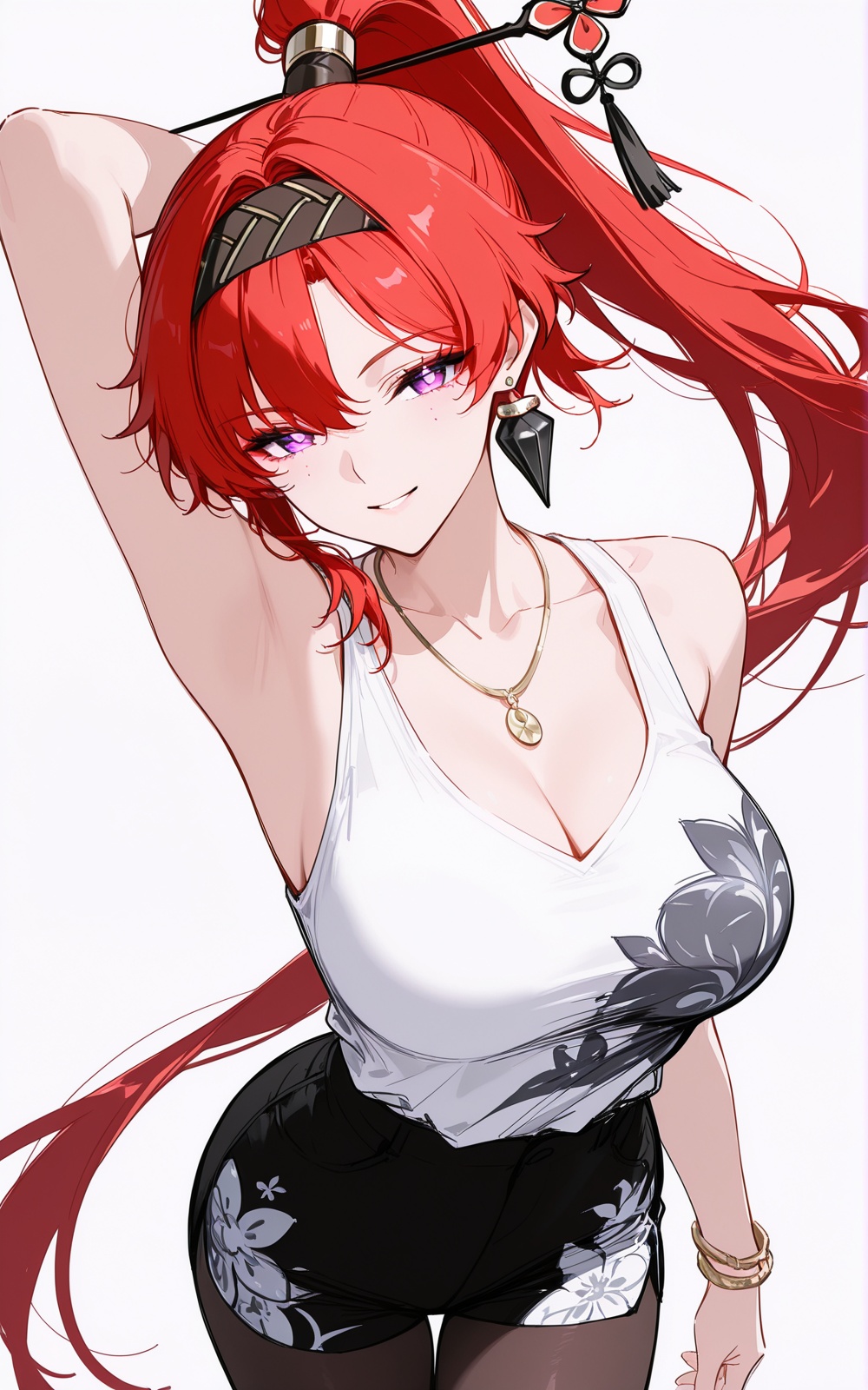 <lora:XL_ill_yinlin(wuthering waves)_v1-000010:0.5>,yinlin\(wuthering waves\),1girl,breasts,red hair,solo,cleavage,long hair,large breasts,purple eyes,jewelry,looking at viewer,very long hair,earrings,pantyhose,arm up,sleeveless,hairband,bare shoulders,black hairband,smile,ponytail,necklace,armpits,collarbone,hair ornament,cowboy shot,high ponytail,<lora:illustrious_Simple Flat Coloring_v2:1.25>,Simple Flat Coloring,sketch,line,simple background,white background,Red and white paisley print skort with white **** top and matching red visor. 