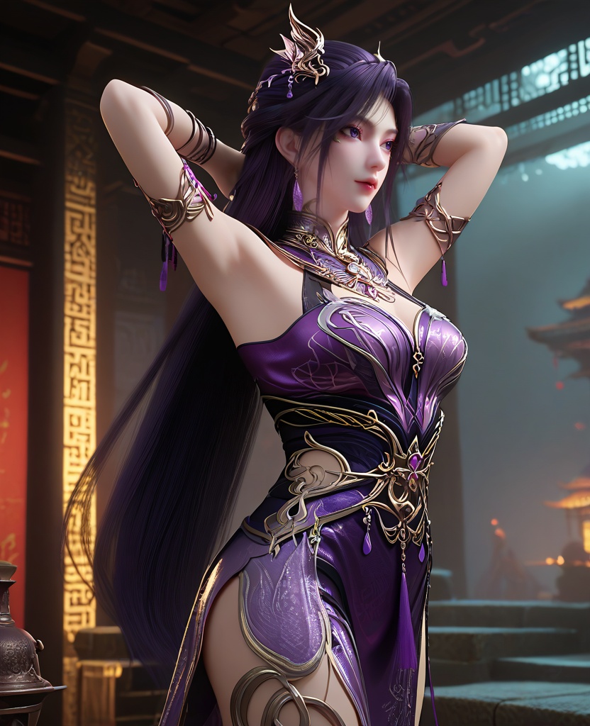 (oriental architecture, elegant decor, sophisticated style:1.1),(Standing with hands behind the head, stretching,:1.1),(breasts:1.2),<lora:XL16长生界燕倾城:0.95>,miss yanqiancheng,purple dress,purple eyes,eyeshadow,very long hair,dark purple hair,hair ornament,earrings,jewelry,bare shoulders,detached sleeves,wristlet,sash,spiral leg decoration,, score_9,score_8_up,score_7_up,score_6_up,score_5_up,score_4_up,3d rendering,tag1,tag2, Cinematic Lighting,backlighting,