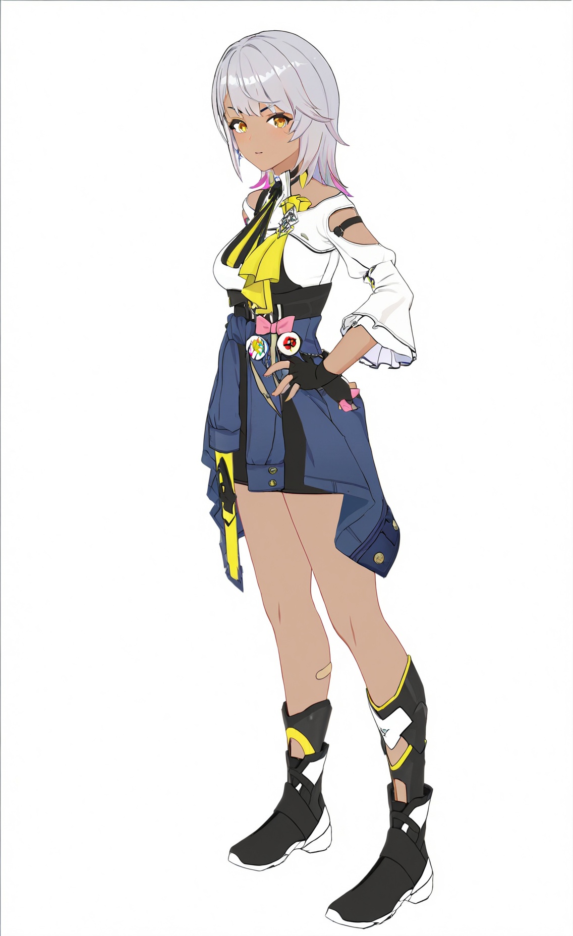 8k, best quality, masterpiece, (ultra-detailed), (high detailed skin), (white background:1.5), (full body:1.2), (white background), standing, looking at viewer, (solo), hands on hips, <lora:Carol-artiwaifu-Tanger-000014:0.7>, Carol, def clothes, 1girl, gloves, fingerless gloves, dark-skinned female, dark skin, black gloves, clothes around waist, yellow eyes, black footwear, grey hair, (beautiful_face), ((intricate_detail)), clear face, ((finely_detailed)), fine_fabric_emphasis, ((glossy)), full_shot, 