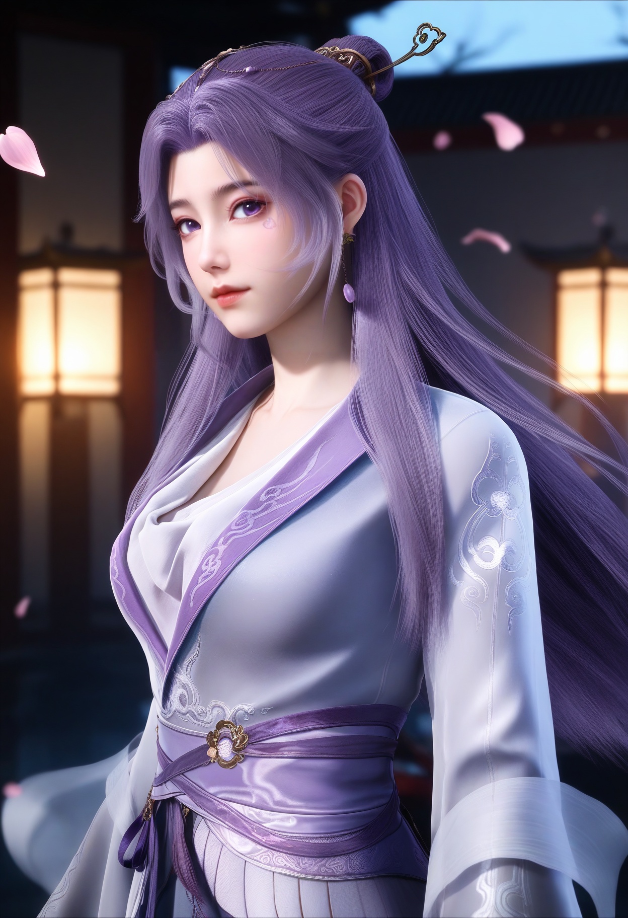 masterpiece,best quality,amazing quality,very aesthetic,high resolution,ultra-detailed,absurdres,scenery,photorealistic,(looking at viewer:1.1),upper body,(Dark room:1.3),(moody lighting:1.1),peach blossom,falling petals,(large breasts:0.8),yunxiao,1girl,long hair,solo,purple hair,hair ornament,dress,chinese clothes,jewelry,earrings,purple eyes,closed mouth,hair bun,long sleeves,facial mark,sash,realistic,shoes BREAK photorealistic details,<lora:QQSillyunxiaoV1:0.8>,