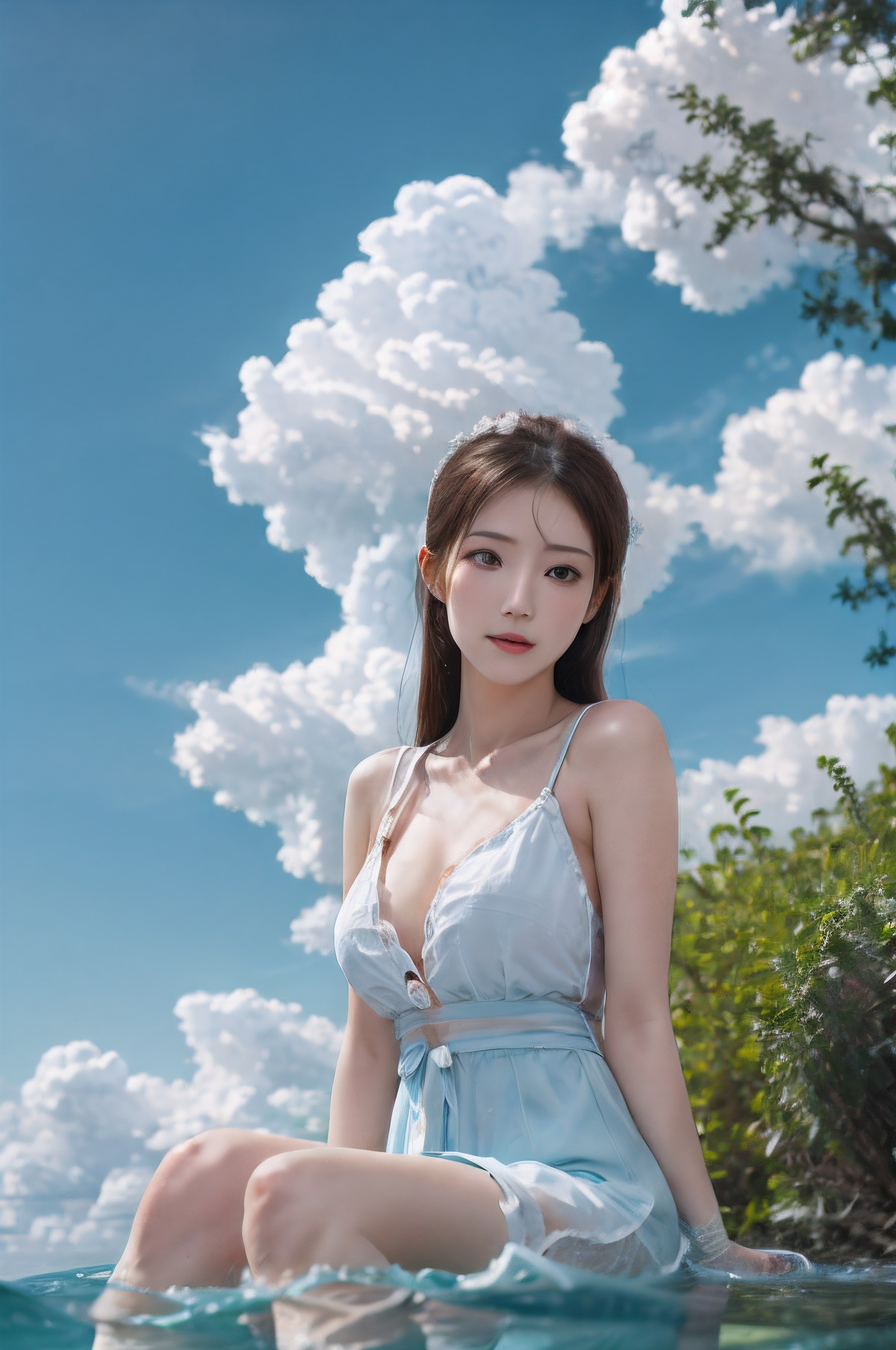 1girl,  blue sky and white clouds,  water on Tensor.Art