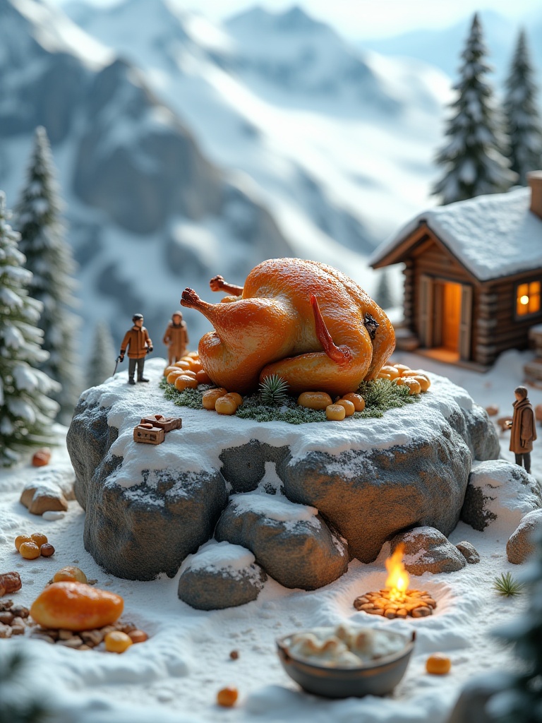 mimj,Photograph of a snowy mountain scene with a large roasted chicken on a large rock in the center, surrounded by smaller figures. The scene is set in a mountainous area with snow-covered trees and a small wooden cabin in the background. The lighting is soft and warm, creating a cozy atmosphere. The chicken is golden brown and glistening with oil, and the figures are dressed in warm clothing, standing around it. The background is blurred, focusing attention on the scene. The overall mood is peaceful and serene.<lora:miluo丨美食微距(JTMB) L1.3:1>