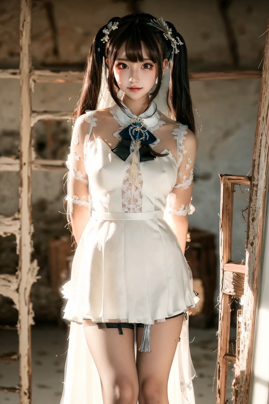 (((wedding_dress))),(((arms behind back))),nsfw,nude,<lora:GuanXiaoyu_Re:0.9>,ulzzang-6500-v1.1,(raw photo:1.2),((photorealistic:1.4))best quality ,masterpiece, illustration, an extremely delicate and beautiful, extremely detailed ,CG ,unity ,8k wallpaper, Amazing, finely detail, masterpiece,best quality,official art,extremely detailed CG unity 8k wallpaper,absurdres, incredibly absurdres, huge filesize, ultra-detailed, highres, extremely detailed,beautiful detailed girl, extremely detailed eyes and face, beautiful detailed eyes,light on face,cinematic lighting,1girl,full body,full-body shot,see-through,looking at viewer,outdoors,twintails
