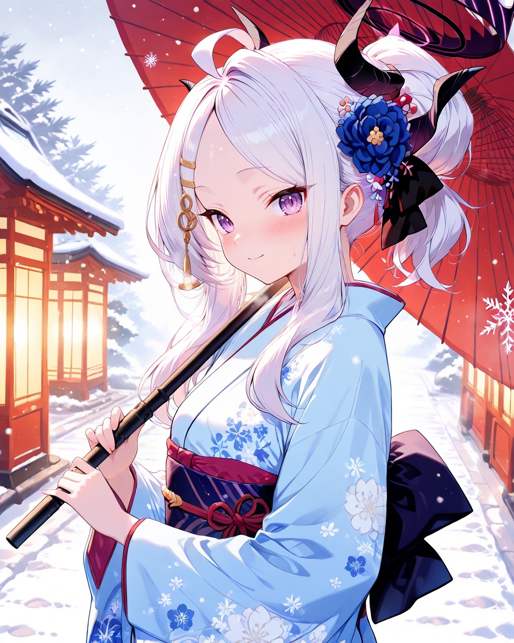 Hina (Blue Archive),O,Hina \(Blue Archive\), 1girl, horns, solo, hina, (blue archive), japanese clothes, long hair, hair ornament, umbrella, oil-paper umbrella, kimono, white hair, purple eyes, looking at viewer, sash, ahoge, obi, holding, snowing, hairclip, holding umbrella, parted bangs, wide sleeves, blush, bangs, long sleeves, demon horns, snowflakes, smile, floral print, halo, alternate costume, sidelocks, flower, closed mouth, multiple horns, blue kimono, snow, upper body, print kimono, from side, very long hair, demon girl, hair flower, forehead, hair bun,(UHD),anatomically correct,accurate,textured skin,super detail,high details,award winning,best quality,high quality,retina,HD,16k,1080P,