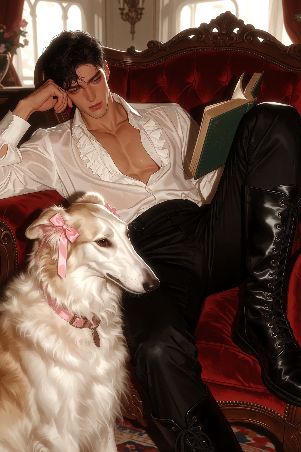 A man with short black hair and blue eyes reclines on a tufted,  velvet red armchair with carved wooden trim,  leaning his...