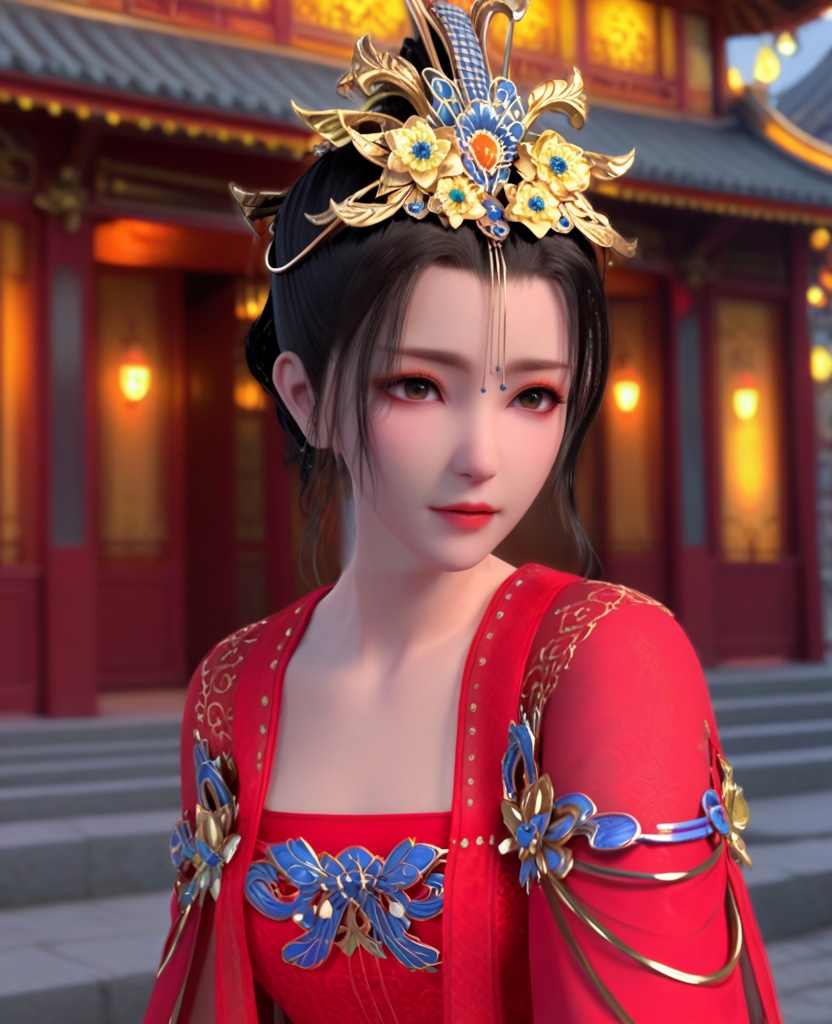 (oriental architecture, elegant decor, sophisticated style:1.1),(paragliding:1.1),(breasts:1.2),<lora:XL少年歌行李寒衣婚服:0.95>,miss lihanyi,red chiffon strapless sundress,red shawl sleeves,flower shaped hair ornament,black hair,eyeshadow,brown eyes,jewelry,red lips,, score_9,score_8_up,score_7_up,score_6_up,score_5_up,score_4_up,3d rendering,tag1,tag2, Cinematic Lighting,backlighting,