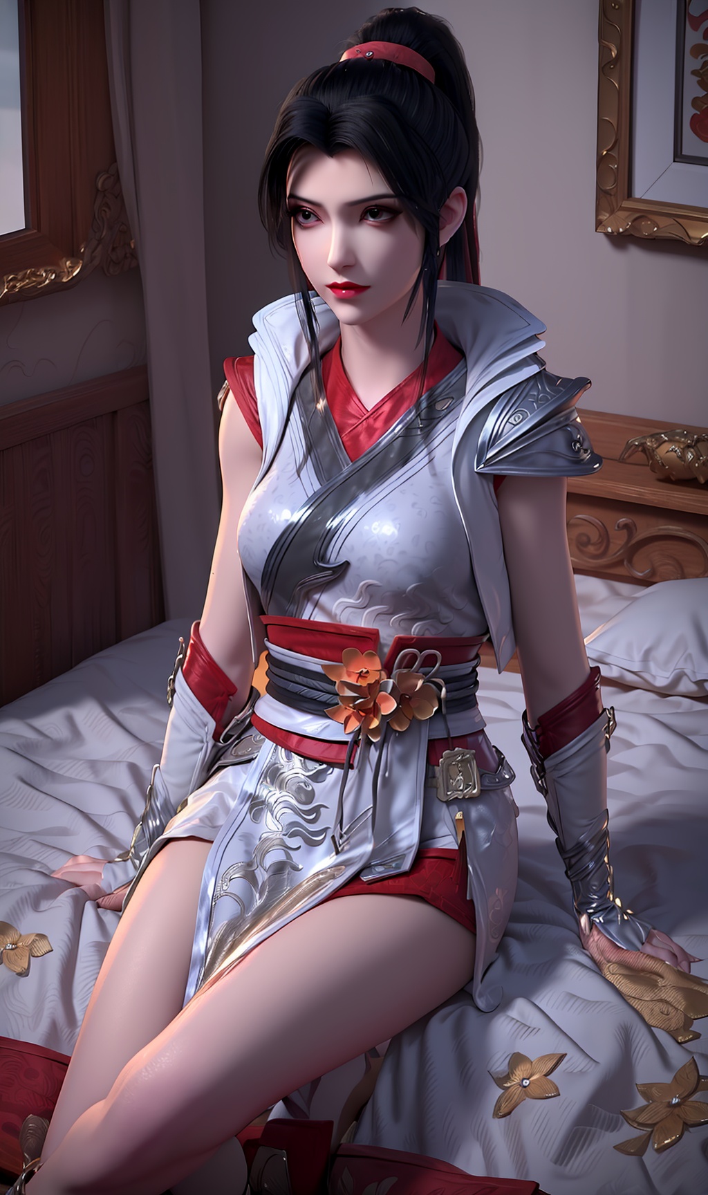 3D,masterpiece,(best quality),(makeup),official art, extremely detailed cg 8k wallpaper,((crystalstexture skin)), (extremely delicate and beautiful),(highly detailed),(face),(ponytail),(collar),(1girl), (solo), (jewelry), (earrings),(black_hair),(long_hair),(hair_ornament),(handwear),(wristband),(breast),((sitting)),((upper_body)),(dress),(shorts_under_skirt),(chinese_clothes),(multicolored_clothes),(multicolored_dress),,(shiny_clothes),(long_legs),(sash),(armored_dress),(thigh_Ring),(closed_mouth),(room,bed),((looking_at_viewer)),((Facing the camera)),, <lora:hipoly3DModelLora_v10:0.3>