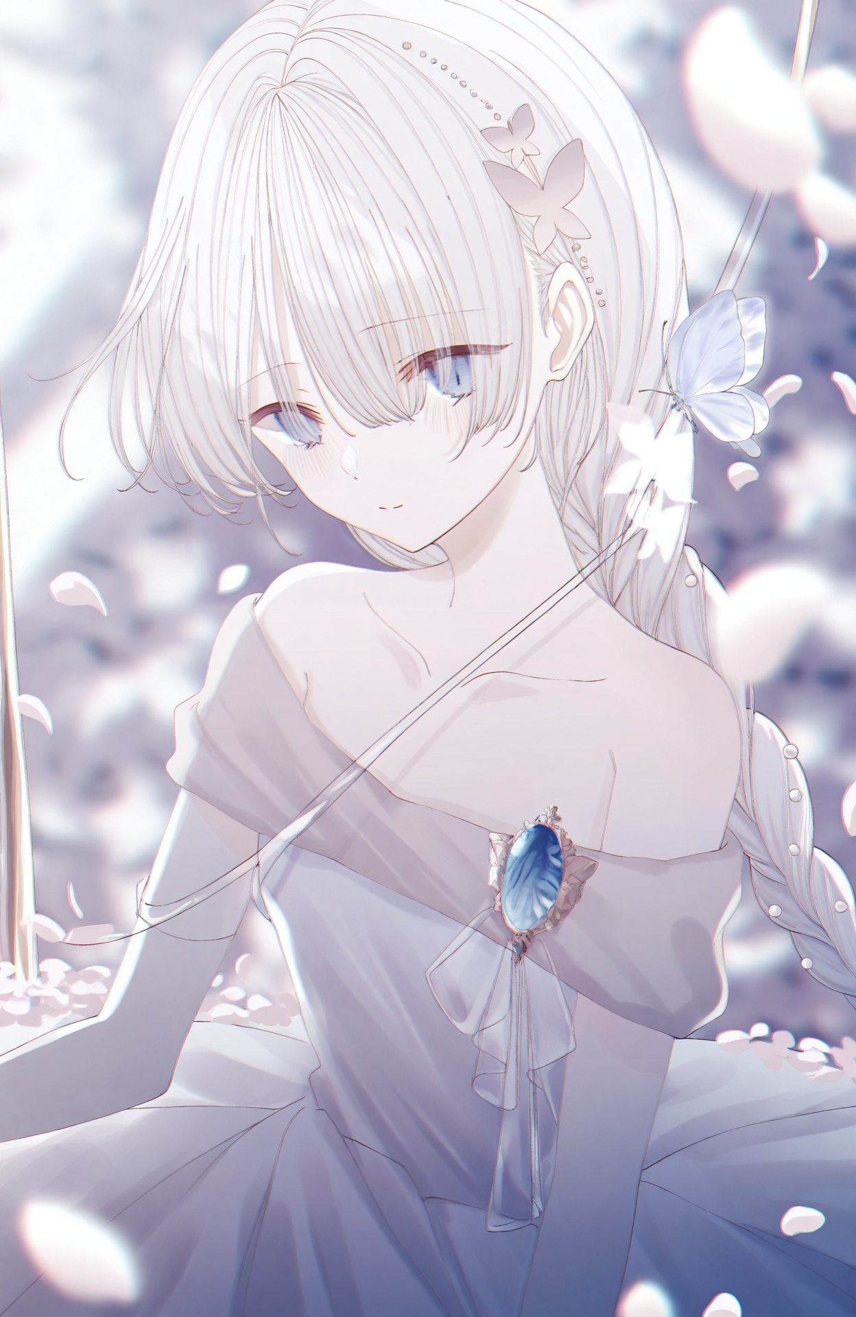 masterpiece,highres,absurdres,newest,best quality,loli,petite,high quality,chromatic_aberration,shiny_skin,//,1girl,butterfly,bug,dress,solo,white_hair,braid,long_hair,hair_ornament,white_dress,petals,anastasia_\(fate\),closed_mouth,collarbone,white_butterfly,jewelry,falling_petals,blurry,flower,butterfly_hair_ornament,brooch,off_shoulder,blue_butterfly,blurry_background,off-shoulder_dress,bare_shoulders,upper_body//,<lora:aestivation——【CKXL】hans:0.8>,