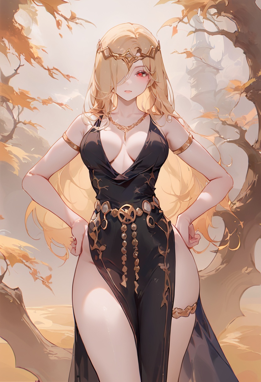 1girl,ciloranko, maccha \(mochancc\), lobelia \(saclia\), migolu, ask \(askzy\), wanke, (jiu ye sang:1.1), (rumoon:0.9), (mizumi zumi:1.1),gold necklace, blonde hair, red eyes, gold chain accessories on legs, gold chain belt, black dress with gold details, gold armlets, gold crown, deep v-neckline, hair over one eye, hand on own hip, cleavage, looking at viewer, circlet, large breasts, side slit, closed mouth, standing, one eye covered, thighs, tree, lips, cowboy shot,masterpiece, best quality,newest, absurdres, sensitive <lora:Elden Ring-Marika_v1.0:1>