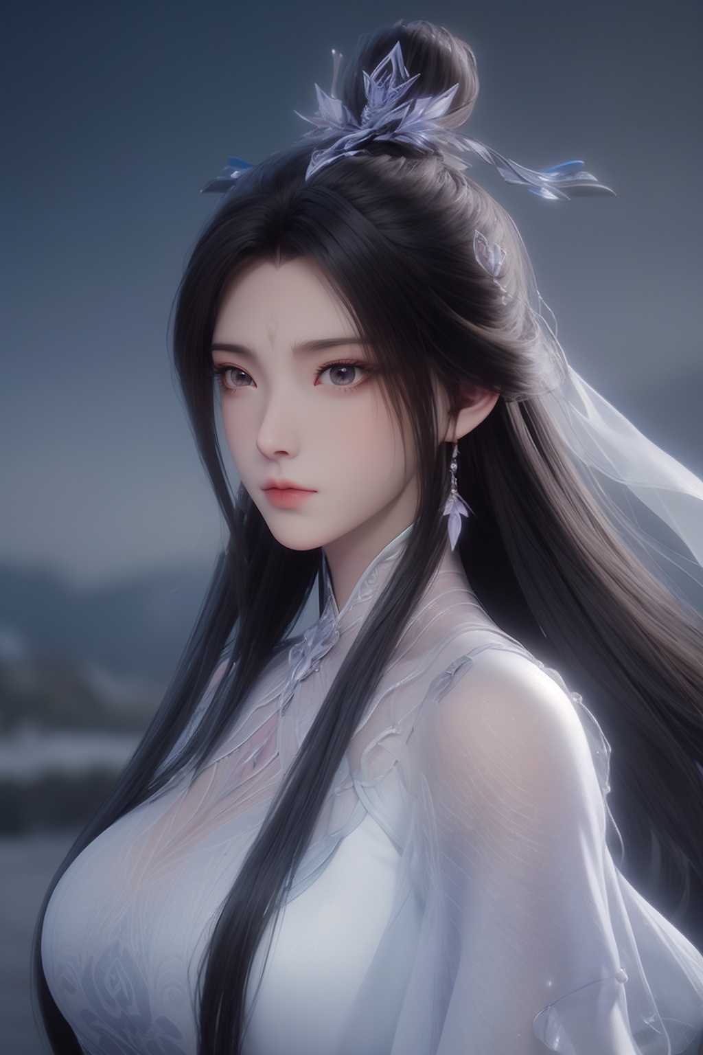 anime artwork <lora:luxueqiCN:1>,luxueqi,1girl,solo,jewelry,hair ornament,crystal earrings,earrings,long hair,black hair,forehead mark,upper body,crystal,crystal hair ornament,alpha transparency,see-through,hair bun,dress,white dress,facial mark,simple background,realistic,expressionless,single hair bun,closed mouth,(snowflakes:1.2),sky,(night:1.2),(falling snowflakes:1.2),annoyed,glaring,(abomasnow:1.2),(wind:1.2),highres,absurdres,huge filesize,wallpaper,colorful,fantasy,best quality,masterpiece,illustration,an extremely delicate and beautiful,extremely detailed,CG,unity,8k wallpaper,Amazing,finely detail,masterpiece,best quality,official art,extremely detailed CG unity 8k wallpaper,absurdres,incredibly absurdres,huge filesize,ultra-detailed,highres,extremely detailed,beautiful detailed girl,extremely detailed eyes and face,beautiful detailed eyes,light on face, . anime style, key visual, vibrant, studio anime,  highly detailed