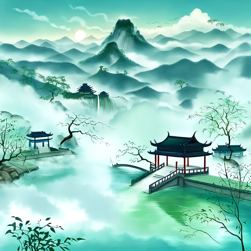 clouds and mist, Chinese architectural complex, luminous mountains, outdoors, sky, depth of field, day, cloud, tree, no humans, cloudy sky, scenery, mountain, architecture, east asian architecture, \(sun: 1.8\) ,\(waterfall:1.8\), fog, mountain, tree, scenery,lake
