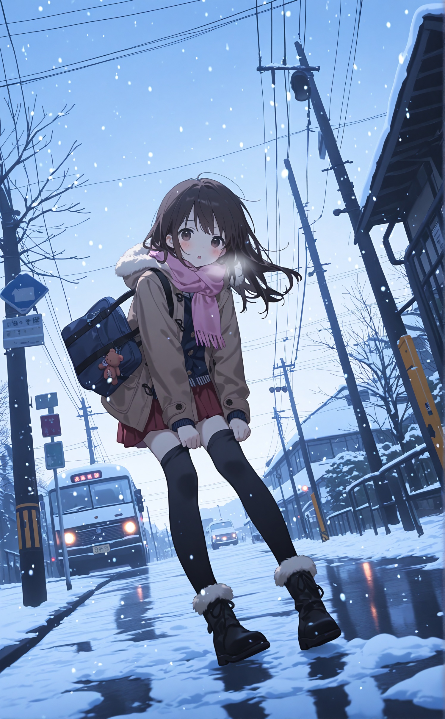 masterpiece,best quality,high quality,loli,konya,masterpiece,best quality,high quality,1girl,solo,adjusting legwear,thighhighs,outdoors,scarf,motor vehicle,skirt,black thighhighs,bag,long hair,coat,blush,adjusting clothes,snow,road sign,brown eyes,winter,pleated skirt,bag charm,black hair,tree,charm \(object\),looking down,day,long sleeves,car,red skirt,power lines,teddy bear,zettai ryouiki,snowing,sky,hood,sign,school bag,parted lips,boots,winter clothes,bare tree,standing,miniskirt,jacket,building,black footwear,leaning forward,:o,hood down,shoulder bag,sitting,pink scarf,black eyes,utility pole,stuffed toy,stuffed animal,full body,ankle boots,traffic light,school uniform,winter coat,brown hair,buttons,shoes,open clothes,railing,fringe trim,cloud,license plate,street,bus stop,road,bus,purple scarf,dressing,fur trim,from below,brown coat,bent over,open mouth,blue sky,backpack,house,handbag,floating hair,blue scarf,dutch angle,looking at viewer,open coat,train,