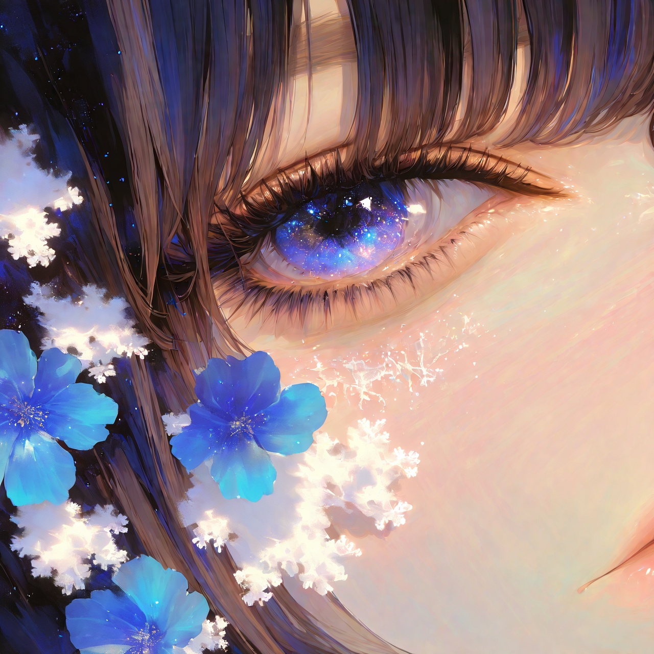 <lora:Tourun ThickPaint Style>,absurdres,realistic,rim light,wallpaper,best quality,eye focus,close-up,blue flower,flower,eyelashes,solo,1girl,blue eyes,reflection,white flower,bangs,light particles,portrait,black hair,looking at viewer,brown hair,