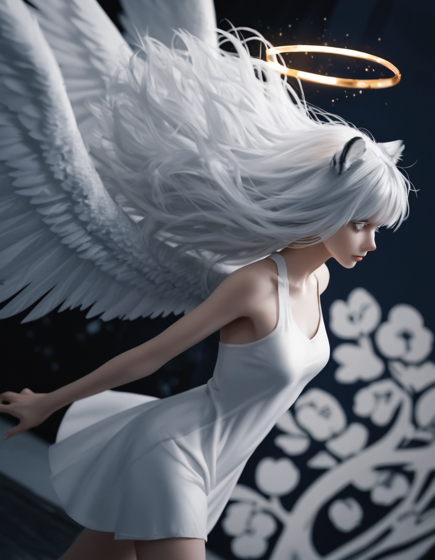 masterpiece,best quality,amazing quality,very aesthetic,absurdres,newest,in the style of fashion photography,light particles,cinematic lighting,Visual impact,sharp focus,Emotionalization,impactful picture,lens flare,depth of field,dynamic pose,dutch angle,extreme aesthetic,(dino_(dinoartforame):0.5),(yoneyama mai:0.5),(Yomu:0.3),(quasarcake:0.4),(wlop:0.3),solo,wings,1girl,golden halo,white eyes,long hair,two wings,(Cobalt blue, dark blue theme:1),angel wings,(spot color),looking away,(monochrome:0.77),angel,simple background,white hair,black,white dress,(greyscale:0.7),closed mouth,depth of field,dynamic,floral background,anime wallpaper,anime character,white hair,gold eyes,(dark skin),(fluffy big hair),white tiger ears,solo,girl,water particles,safe,dutch_angle,top down close-up,masterpiece,award-winning,professional,highly detailed . street art,vibrant,urban,detailed,tag,mural,