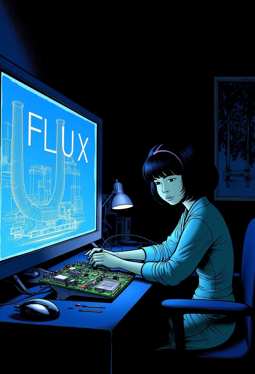 The image shows Yoko Tsuno at her lab desk late at night. She is busy testing components on a motherboard. The room is dar...