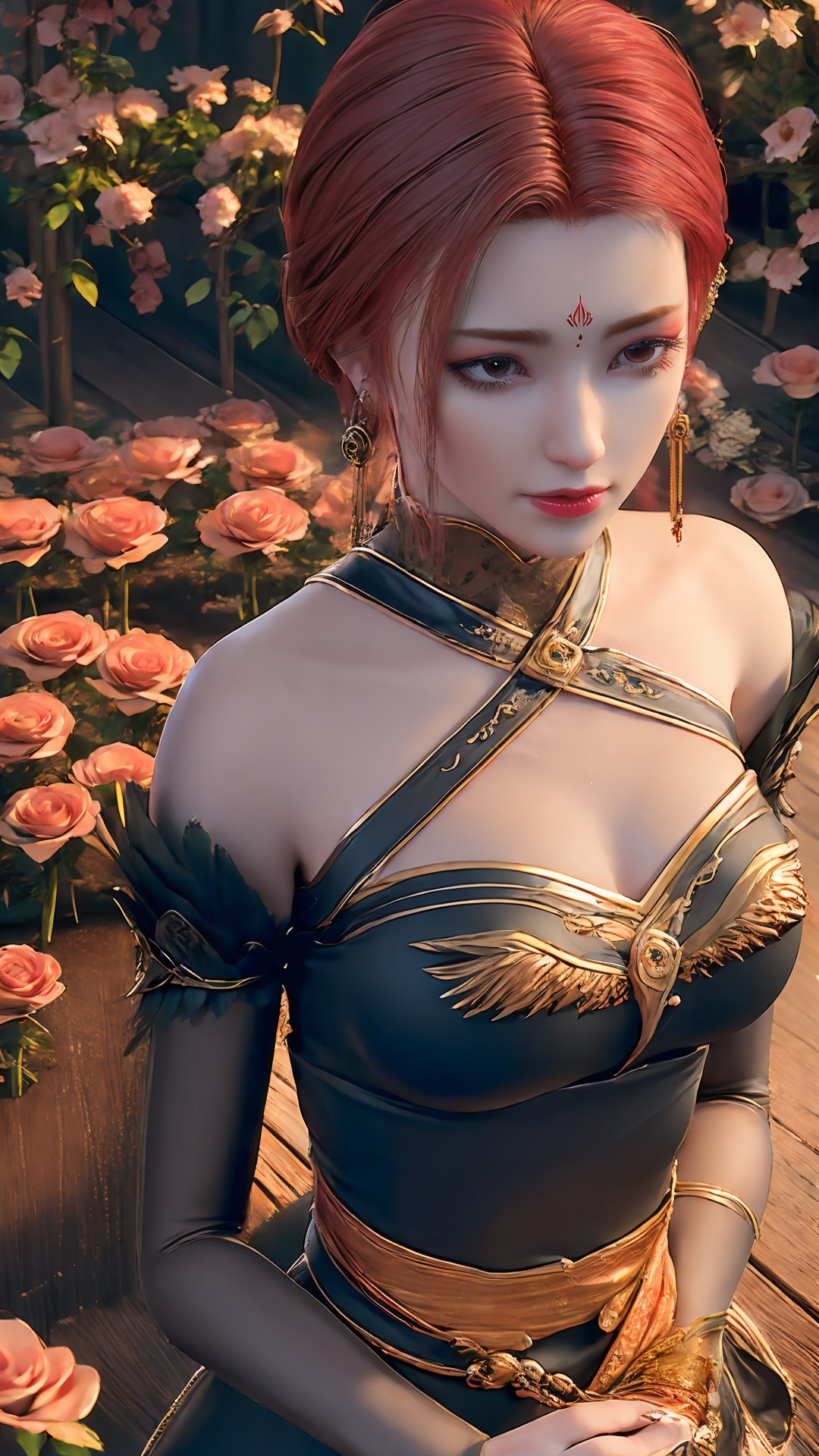 masterpiece,best quality,8K,CG,yf,1girl,solo,black qipao,shoulder sleeve separation,short hair,hair_ornament,jewelry,looking_at_viewer,earrings,flower field,sky,cloud,insect,pink rose,<lora:玫瑰花场景-王导:0.6>,upper_body,wooden_floor,flower field,tanono,peach_blossom,sky,