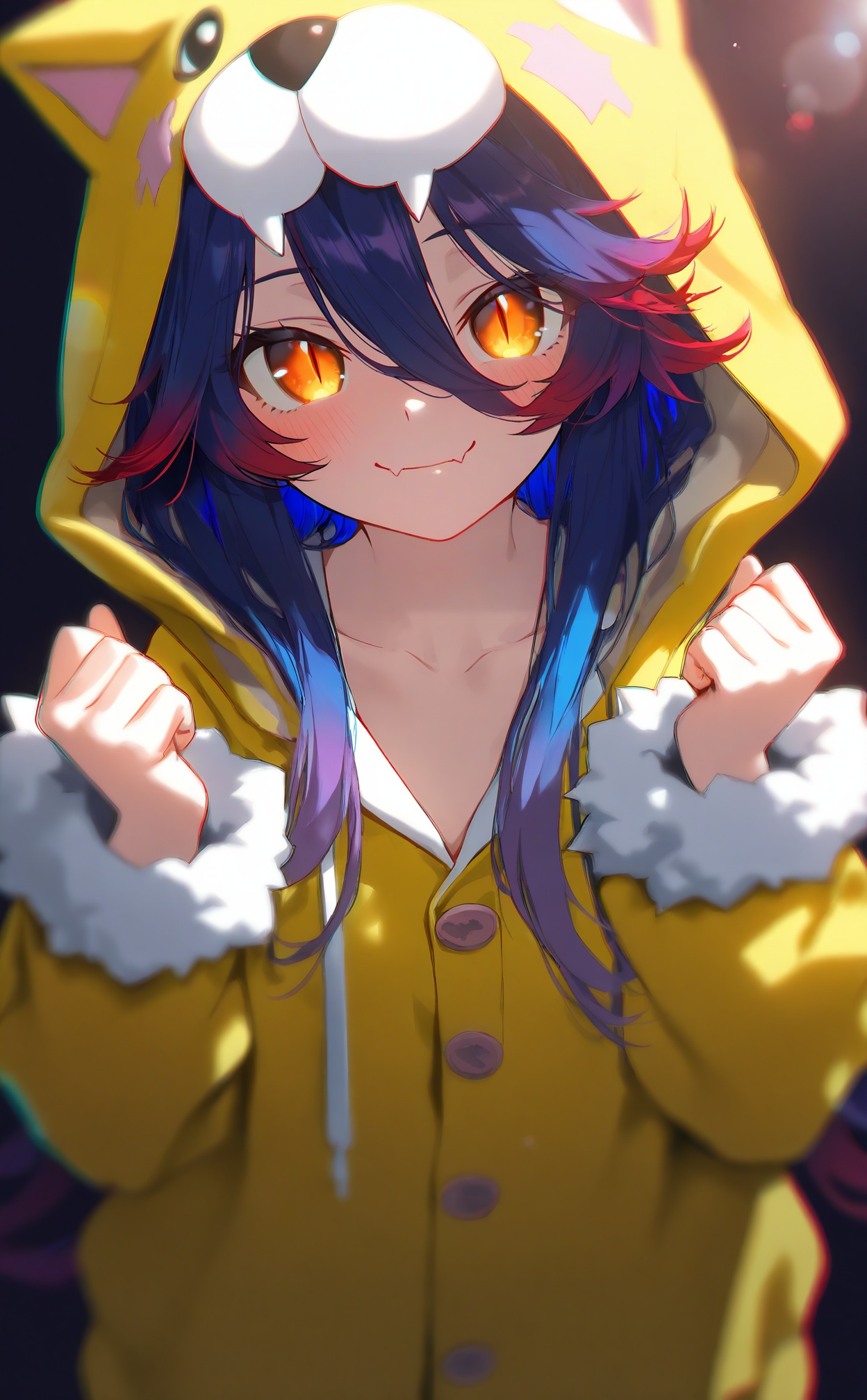 masterpiece,absurdres,best quality,high quality,chromatic_aberration,loli,petite,//,1girl,purple hair,solo,hair between eyes,long sleeves,hood,hood up,long hair,looking at viewer,hands up,closed mouth,blush,yellow eyes,multicolored hair,upper body,smile,pajamas,gradient hair,fur-trimmed sleeves,animal hood,fur trim,antenna hair,clenched hands,skin fangs,skin fang,slit pupils,hoodie,orange eyes,collarbone,blue hair,yellow hoodie,fangs,red hair,fang,blurry,jacket,//,highres,HDR,8K,high contrast,illustration,depth of field,(colorful),Tyndall effect,contrast,lens flare,//,<lora:nyalia4——【noob】hans:1>,