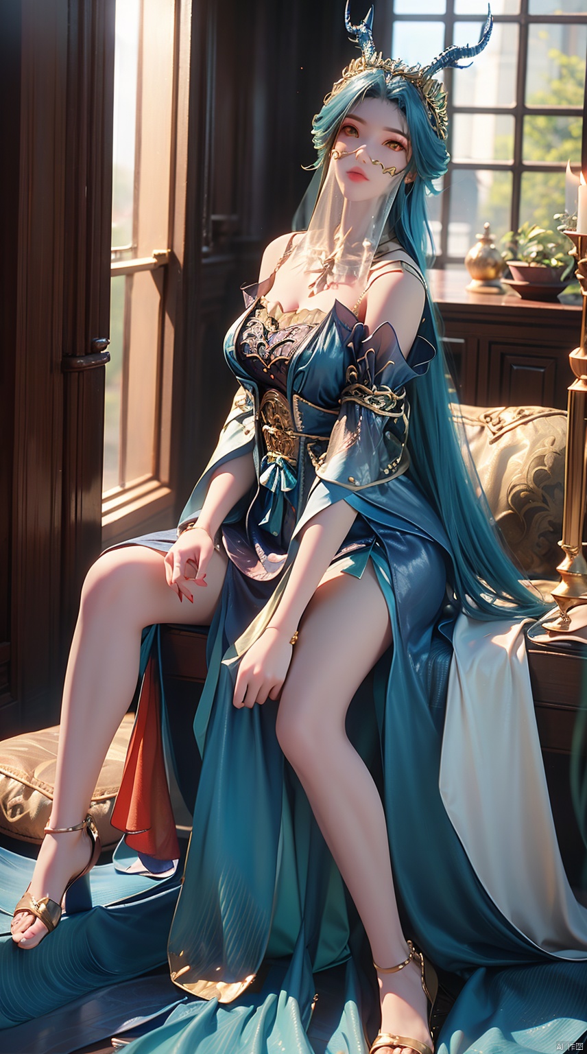 1girl, solo, long hair, looking at viewer, bare shoulders, closed mouth, blue hair, yellow eyes, upper body, horns, blurry, lips, blurry background, veil,mouth veil, ((poakl)),full-body,Perfectly proportioned,ray tracing,Bare Feet,shiny_skin,oil,Show your long legs,Red high heels,(Sitting:1.5),Beautiful thighs, show the thighs,LiMuWan<lora:EMS-346315-EMS:0.700000>, <lora:EMS-410555-EMS:0.800000>