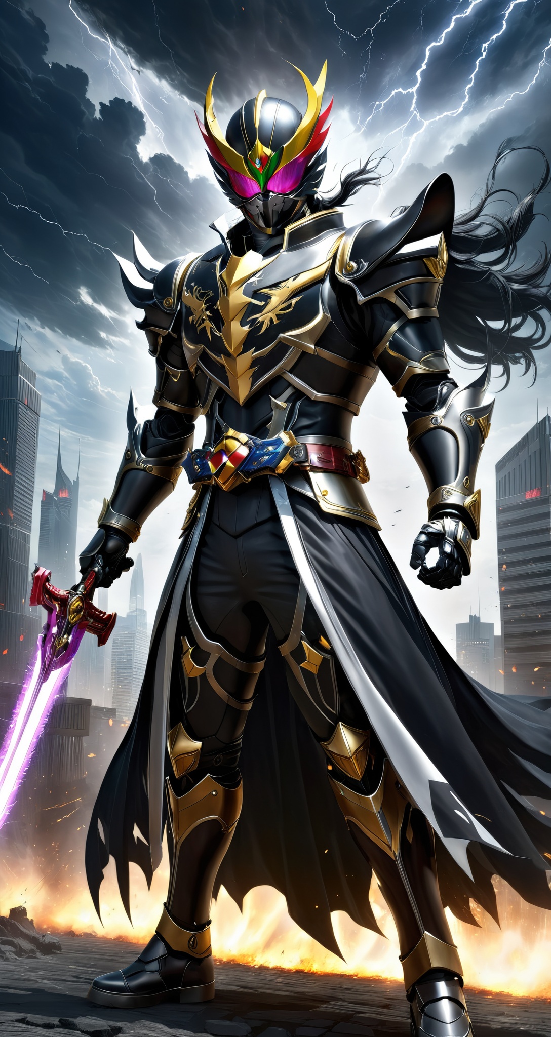 kamen rider style,  Mysterious Warrior Kamen Knight,  wearing dark armor and holding the Thunder Sword on Tensor.Art