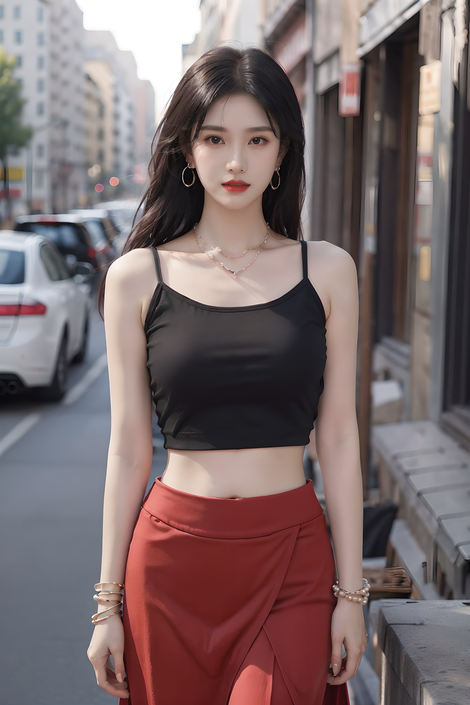 dzf,1girl,solo,long hair,roof,up_body,street,at sunset,looking at viewer,skirt,black hair,hair ornament,big tits,bare shoulders,jewelry,standing,collarbone,cowboy shot,earrings,parted lips,midriff,necklace,blurry,bracelet,lips,crop top,makeup,depth of field,blurry background,beads,long skirt,red lips,bangle,bead bracelet,<lora:减少AI感:0.35>,<lora:20240212-1707682573619:0.25>,<lora:abel好看的姿势:0.35>,<lora:abel光艺术:0.25>,