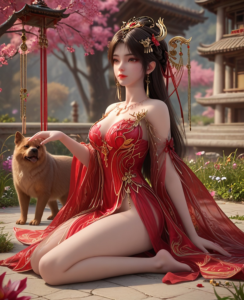 (oriental architecture, elegant decor, sophisticated style:1.1),sitting on the ground, hugging a oversized dog,(breasts:1.2),<lora:XL16完美世界火灵儿婚服:0.95>,chinese bride,red corset gown,brown eyes,black hair,hair ornament,half-up crown braid with long cascading hair,jewelry,earrings,wide flowing sleeves,see-through,, zPDXL2, score_9, score_8_up, score_7_up BREAK realistic, masterpiece,best quality, highly detailed,, zPDXL3, zPDXL2,zPDXL, zPDXLxxx, zPDXLrl,