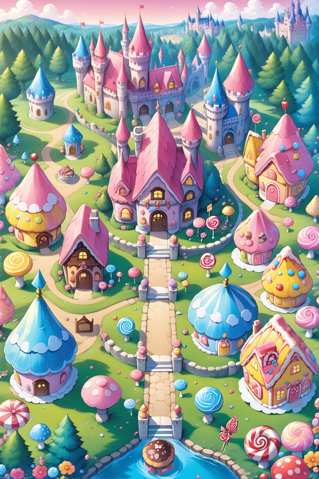 Masterpiece, simple, neat, castle, candy house, forest, mushroom, fruit, flower, fairy tale world，  <lora:lora:0.8>
